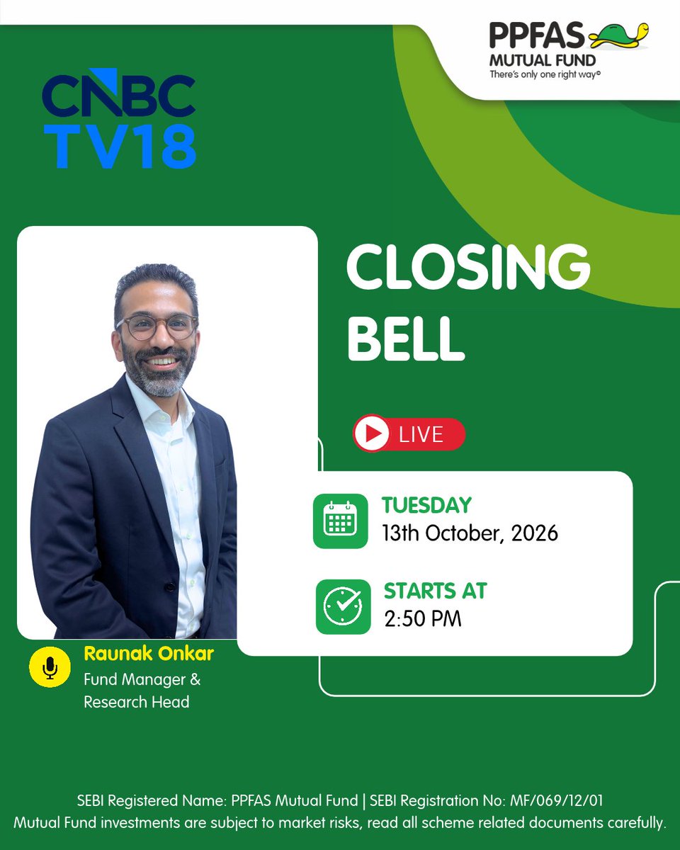 ppfasmf's tweet photo. Watch Fund Manager Raunak Onkar live on CNBC TV 18 on Tuesday (13/10/2026) at 02:50 pm IST.

#PPFASMutualFund #CNBC https://t.co/lFdKkN6z8a