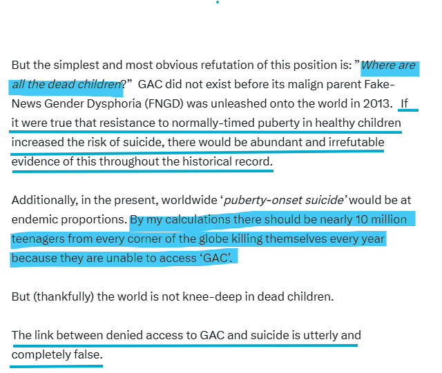 Psychgirl211's tweet photo. This is pushed by mental health professionals who should (and do), know better.

Everyone and his dog has fallen down the 'trans-suicide' rabbit hole.

The lie that 'trans' people (especially children), will kill themselves if they don't get every single thing they demand, has been the greatest and most successful disinformation campaign in human history.

Yet it was so easily refutable!