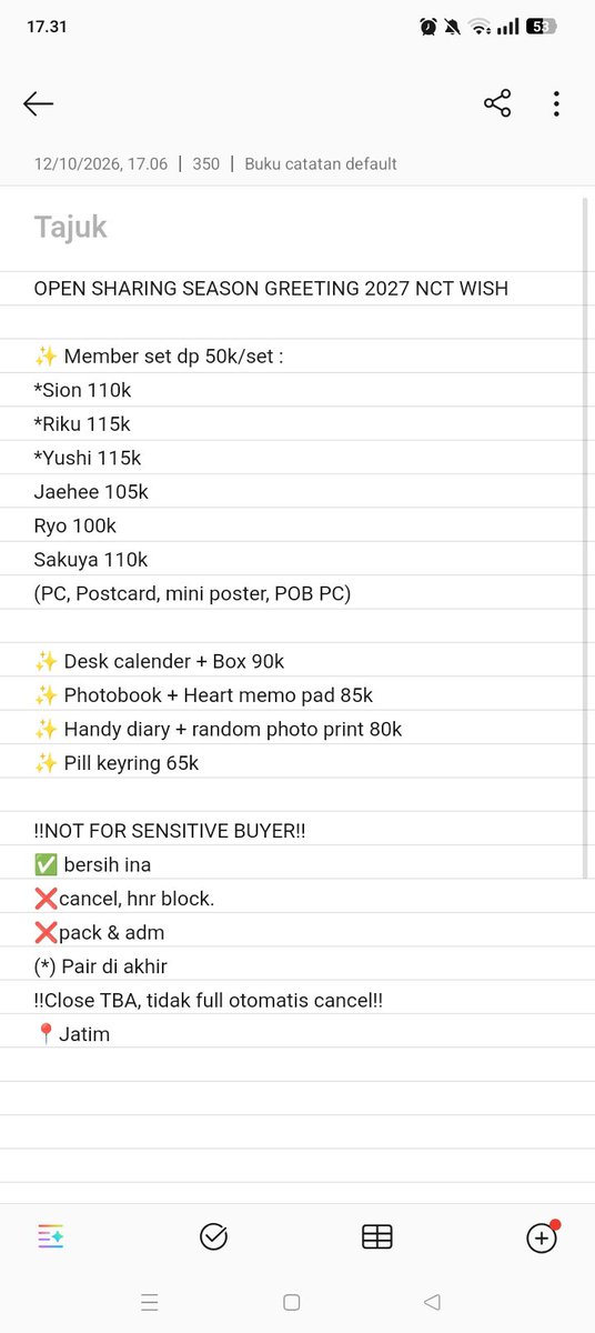 neojoyshop's tweet photo. OPEN SHARING SEASON GREETING 2027 NCT WISH

✨ Member set dp 50k/set :
*Sion 110k
*Riku 115k
*Yushi 115k
Jaehee 105k
Ryo 100k
Sakuya 110k
(PC, Postcard, mini poster, POB PC)

‼️NOT FOR SENSITIVE BUYER‼️
(*) Pair di akhir
‼️Close TBA, tidak full otomatis cancel‼️ https://t.co/DtNGwZ67Pb