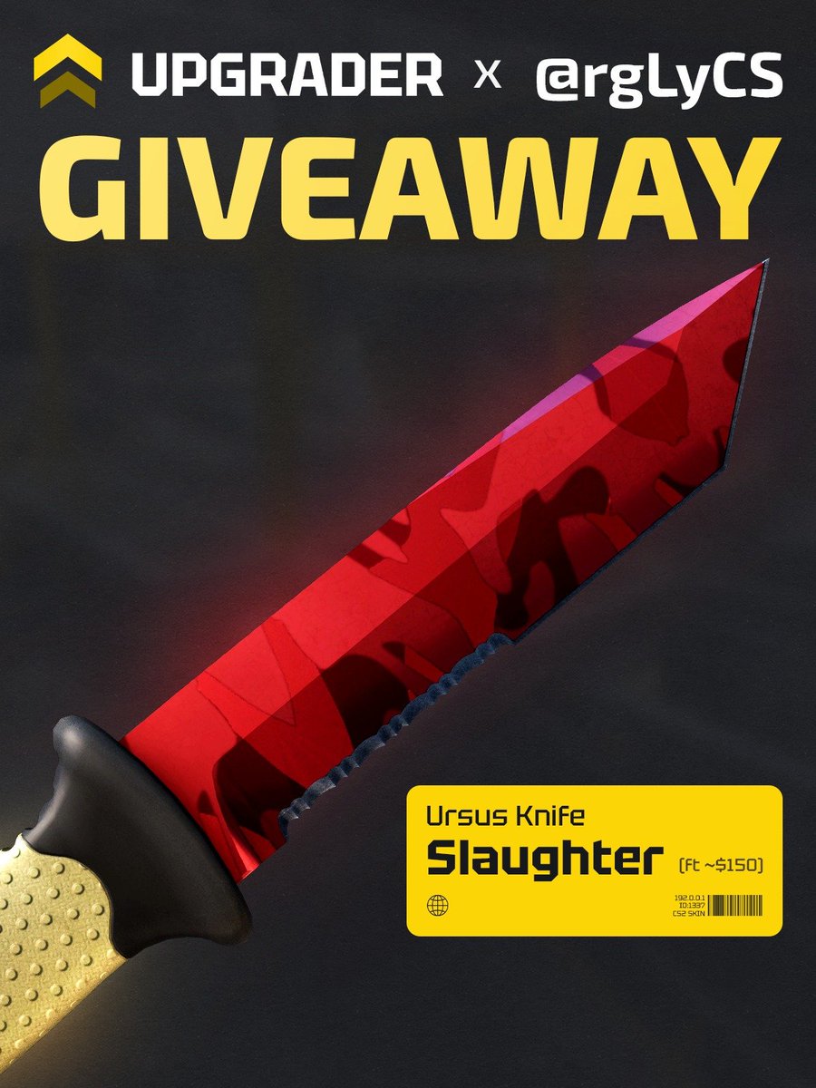 rgLyCS's tweet photo. 🎁$150 Ursus Knife | Slaughter❤️

To enter:
✅Retweet &amp; Like,
✅Follow: @rgLyCS, @upgradercs,
✅Tag a friend.

🍀Good Luck!
⏰Ends in 10 days!

#CS2 #CS2Giveaway https://t.co/pZvLkpfFVq