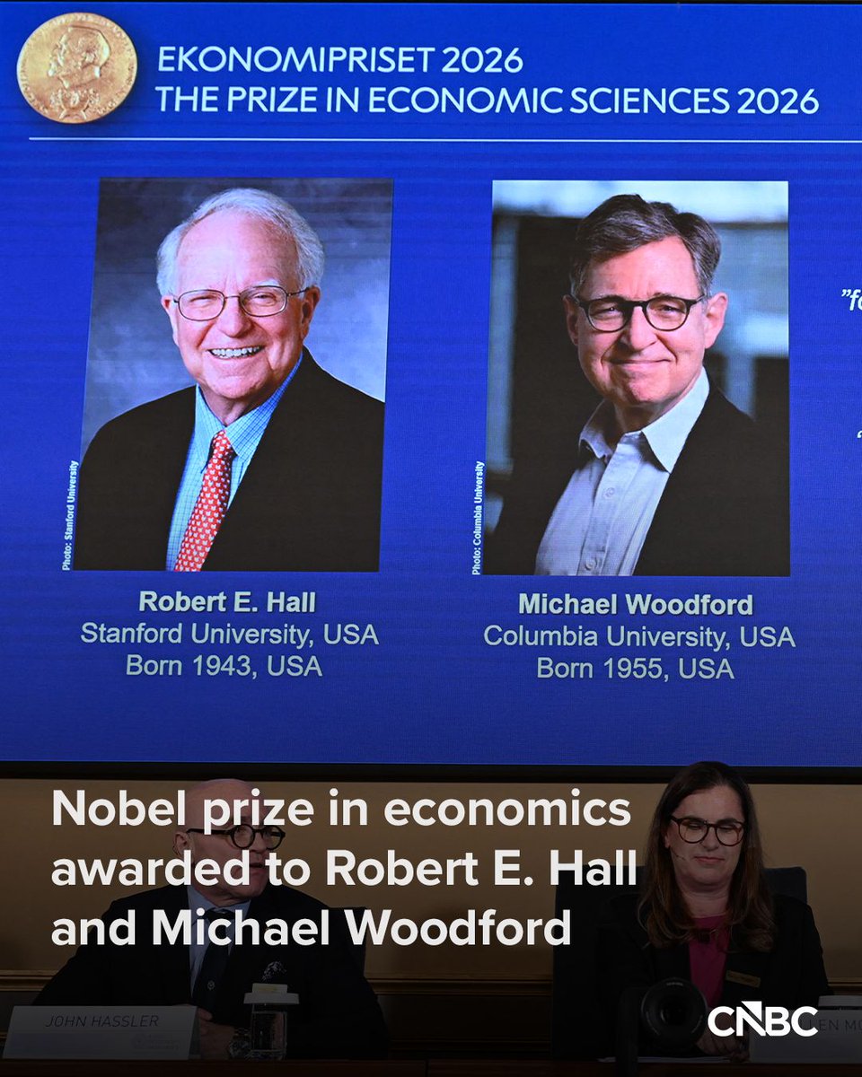 CNBC's tweet photo. Robert E. Hall and Michael Woodford were awarded the Nobel prize in economics.

➡️The work of the U.S.-born pair underpins the models used by central banks and governments.

➡️“On the basis of these models, well-timed fiscal and monetary policy measures can reduce the economy’s peaks and troughs,” the Royal Swedish Academy of Sciences said.

🔗For more, please click here: https://t.co/8knYYIgCAj