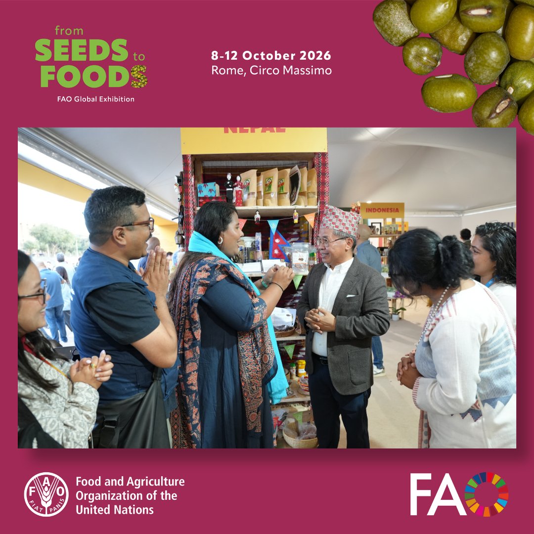FAONepal's tweet photo. Highlighting Nepal’s agricultural journey at #WFF2026!
Hon. Minister Gita Chaudhary & @FAO's ADG @a_dohong explored the #Seeds2Foods Exhibition, showcasing Nepal’s agrifood heritage, value-added products, and regional innovations for sustainable food systems.
#FAONepal https://t.co/vuXwI9zPHL