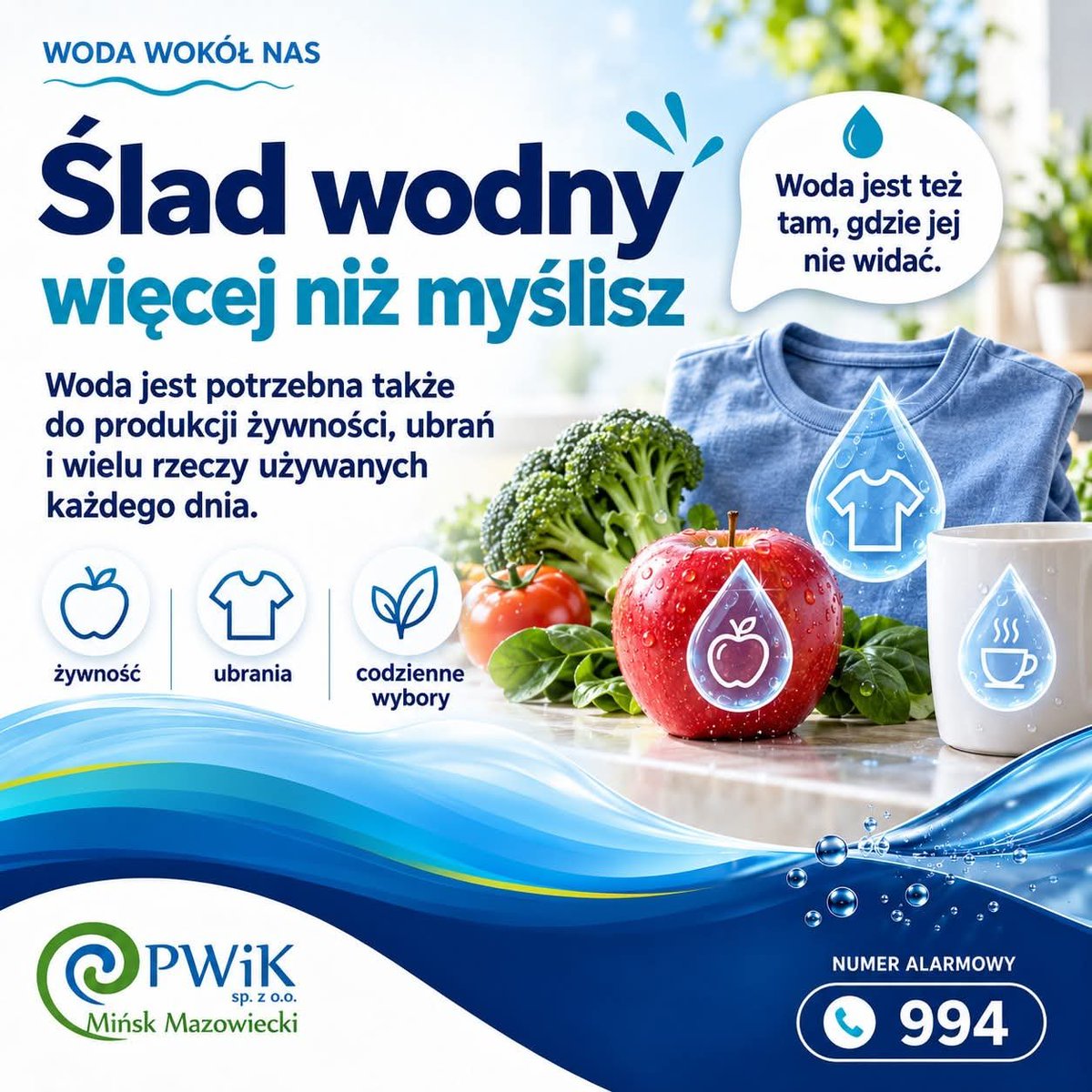 MinskPwik's tweet photo. 💧Ślad wodny - woda, której nie widzimy
Wodę zużywamy nie tylko wtedy, gdy odkręcamy kran.
Jest potrzebna również do uprawy surowców, produkcji żywności, ubrań.
Dlatego ograniczanie marnowania jedzenia i rozsądne zakupy pomagają zmniejszać nasz ślad wodny.
#PWiK https://t.co/CWnBpsN47y