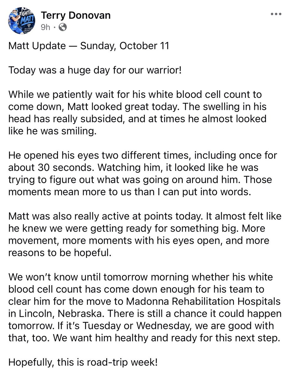 NAIAFootballVSN's tweet photo. Sunday evening update from Terry Donovan on his son Matt. https://t.co/sM2JQa3KJZ