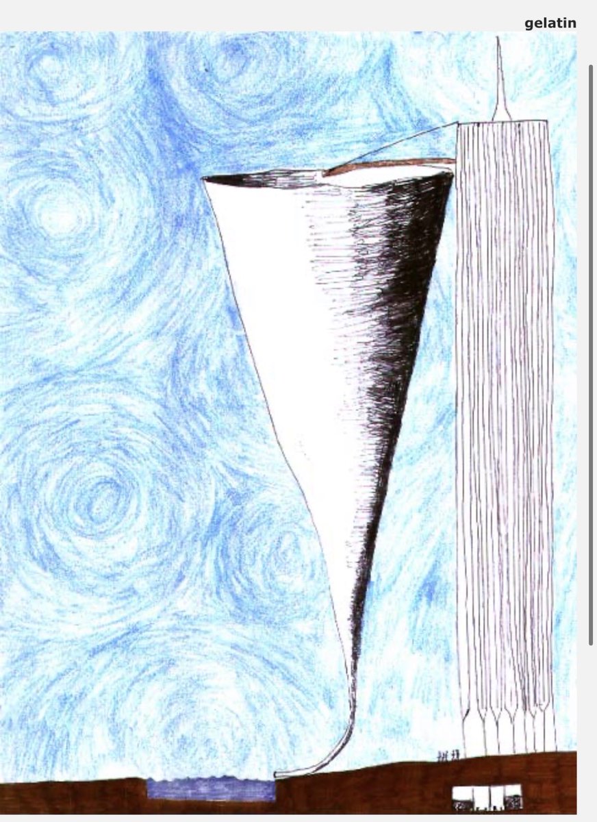 cirnosad's tweet photo. I've been thinking about this all day at work, and I have to agree with @cirnohappy. The tell is the "tail" of this "funnel".

The building above the surface was 6x stronger than safety margins required. It could withstand anything... but if someone managed to strike the bottom with a special kind of hammer, it would shatter and vaporize into nothing.

The pool represents the pool they built above the towers to hide the extremely hot and dangerous waste below. The basement cut away would have been completely unnecessary unless this was a kind of "killer's message".