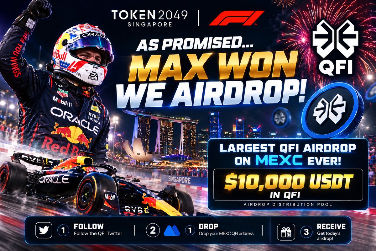 Quantixfinance's tweet photo. What an incredible week at @token2049 and the @F1 Singapore Grand Prix! 🏎️🇸🇬

We made a promise. If @Max33Verstappen won in Singapore, we’d launch our biggest QFI airdrop on @MEXC yet.

Well, a promise is a promise.

$10,000 USDT IN QFI UP FOR GRABS!

To participate:

Follow @QuantixFinance
Drop your MEXC QFI deposit address below
Stay tuned for the distribution!

Let’s celebrate! 🚀