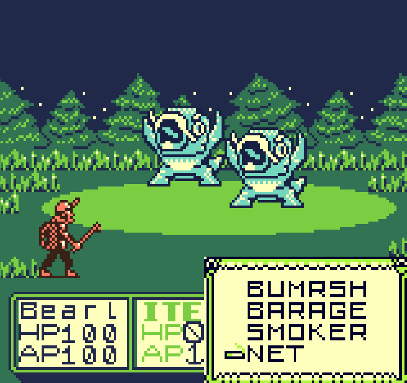 MonstrousEnt's tweet photo. The Ballad of Bearl Headwards Dev Update

We've recently hit a big scripting milestone and have support for multiple enemies and party members in combat. Screenshots are all WIP!

#gameboy #indiedev #gbstudio #pixelart #RPG https://t.co/HbtB51OkGJ