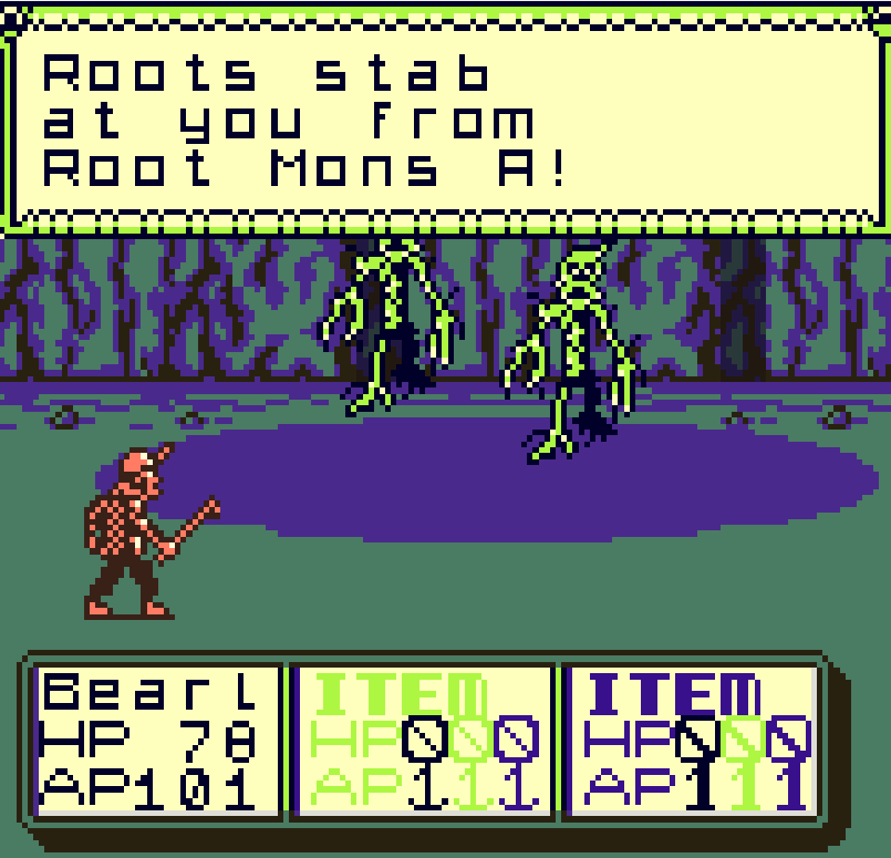 MonstrousEnt's tweet photo. The Ballad of Bearl Headwards Dev Update

We've recently hit a big scripting milestone and have support for multiple enemies and party members in combat. Screenshots are all WIP!

#gameboy #indiedev #gbstudio #pixelart #RPG https://t.co/HbtB51OkGJ