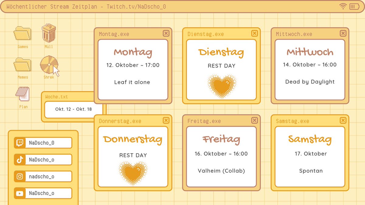 NaDscho_o's tweet photo. Diese Woche spielen wir Leaf it alone, DbD und Valheim :3 kommt gern vorbei (https://t.co/LFaTlPzEkS) #streamplan #valheim #deadbydaylight #Vtuberㅤ https://t.co/FoKtYbqWdb