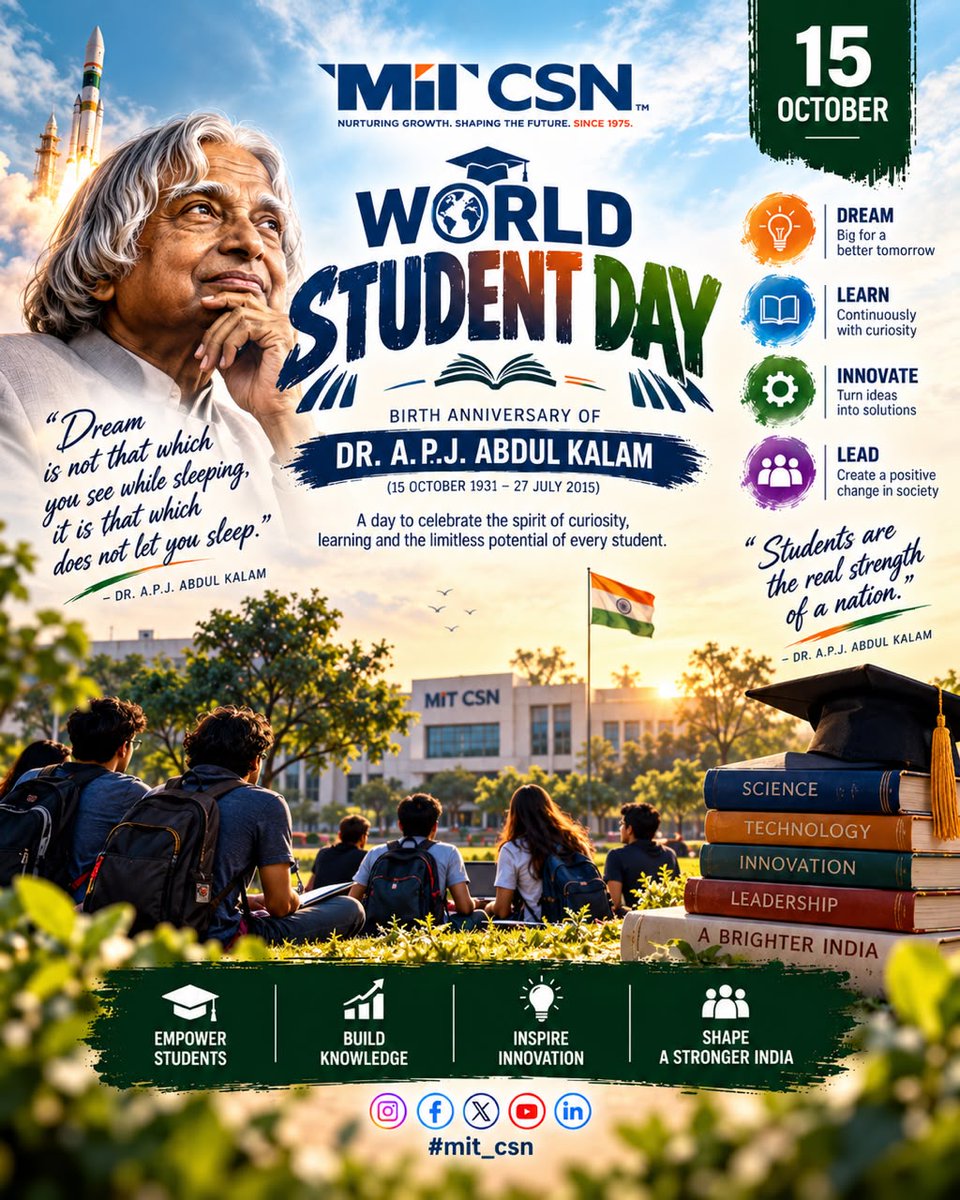 MIT_Updates's tweet photo. Dream bold, learn continuously, and lead meaningful change! 🎓🚀 On #WorldStudentDay, we honor the curiosity of our students and the timeless vision of Dr. A.P.J. Abdul Kalam.

Dream. Learn. Innovate. Lead. ✨

 Poster Credit : Hashmeet Singh

 #MITCSN #APJAbdulKalam https://t.co/0JdonNIfWP