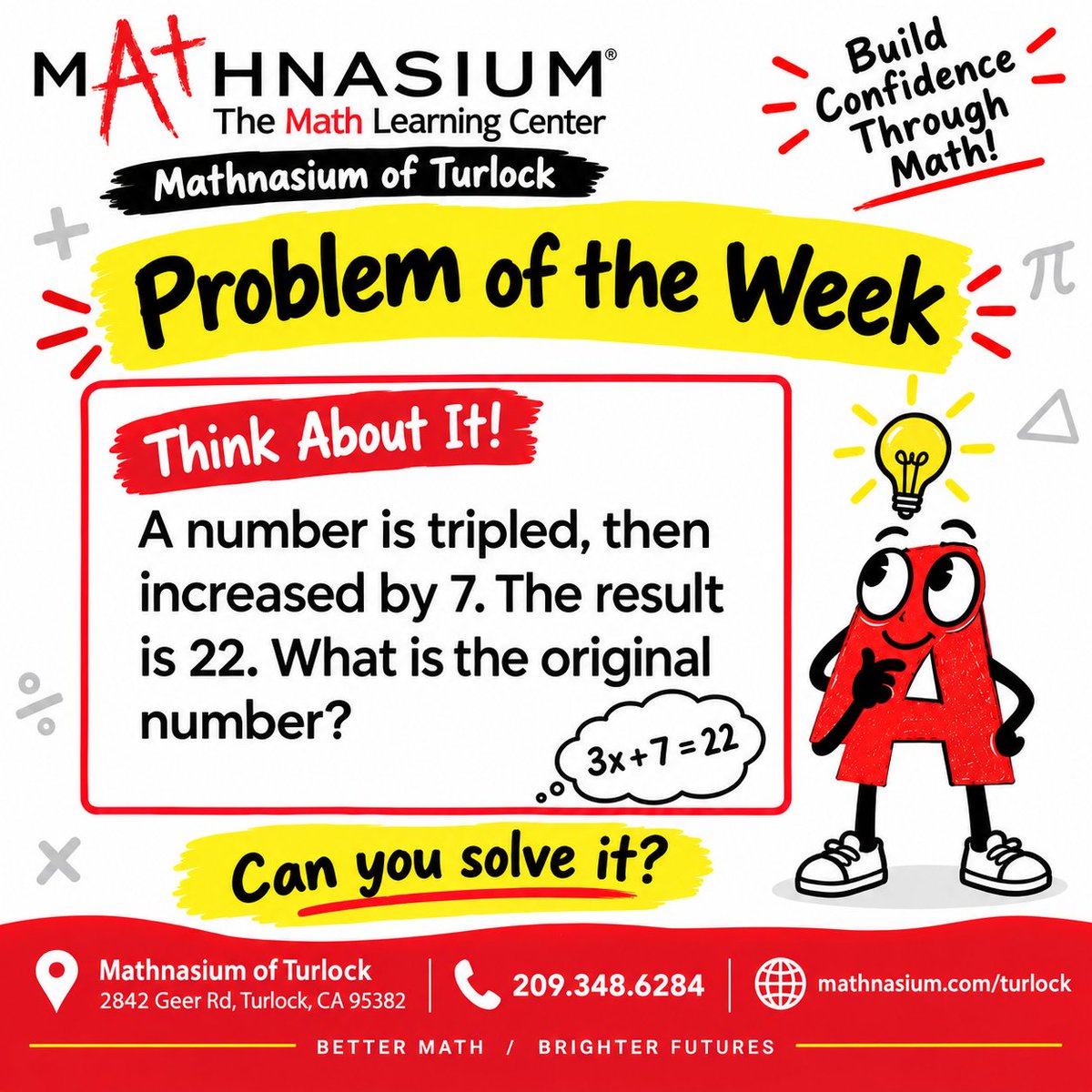 TurlockMath's tweet photo. 🧠🔢 **MATHNASIUM PROBLEM OF THE WEEK!** 🔢🧠
**What is the original number?** 💡
 ❤️💛
📍 2842 Geer Rd, Turlock, CA
📞 209.348.6284
🌐 https://t.co/S3o4kxFnCu
#Mathnasium  #MathChallenge #MathIsFun #Turlock #mathhelp #help #turlockmoms #209 #209community #education #mathematics https://t.co/bAj5IVZGRt