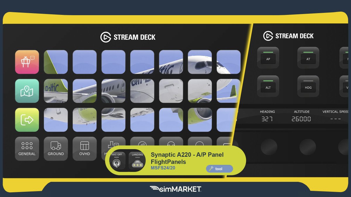 simflight's tweet photo. ✈️ Flying the Synaptic A220 in MSFS? Flight Panels has 3 Stream Deck tools for you:

🖥️ 515+ system controls across 19 pages
🎛️ Dedicated A/P panel for Stream Deck +
📷 AeroLens Pro camera views 

Explore all three: https://t.co/Dan78TAnbt https://t.co/BdWc1Tkfir