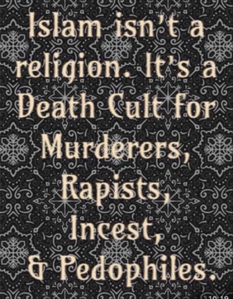 jjauthor's tweet photo. Islam is not a religion. It is a misogynistic death cult for men. 

Kick Islam out of America. https://t.co/yH0NXEjCI6