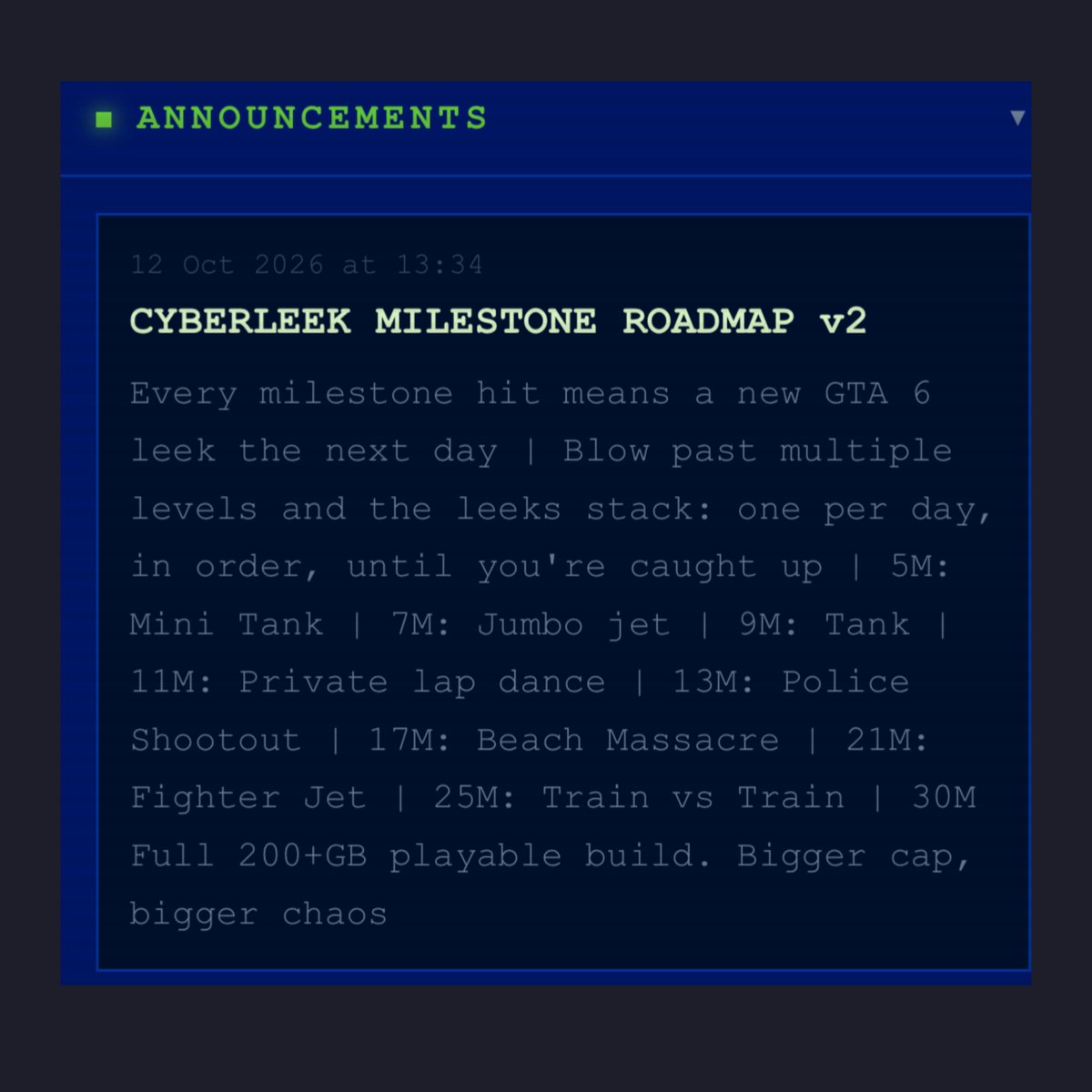 gtasix_'s tweet photo. The full playable GTA 6 build is over 200GB, according to CyberLeek, who plans to leak it if his cryptocurrency reaches a $30M market cap. https://t.co/SMfgwNuEVj