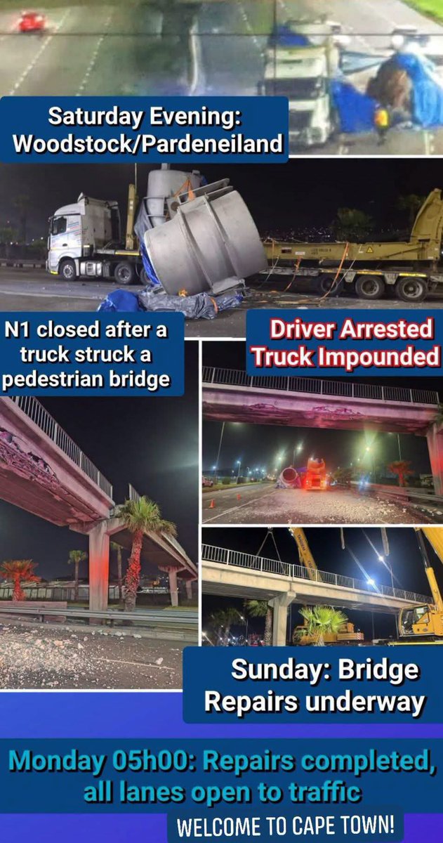 stellenmac's tweet photo. 1am Sunday bridge is hit. On my way to work this morning the road was open. 

Now just imagine, imagine for a second it was JHB. https://t.co/2jODlT0v1e