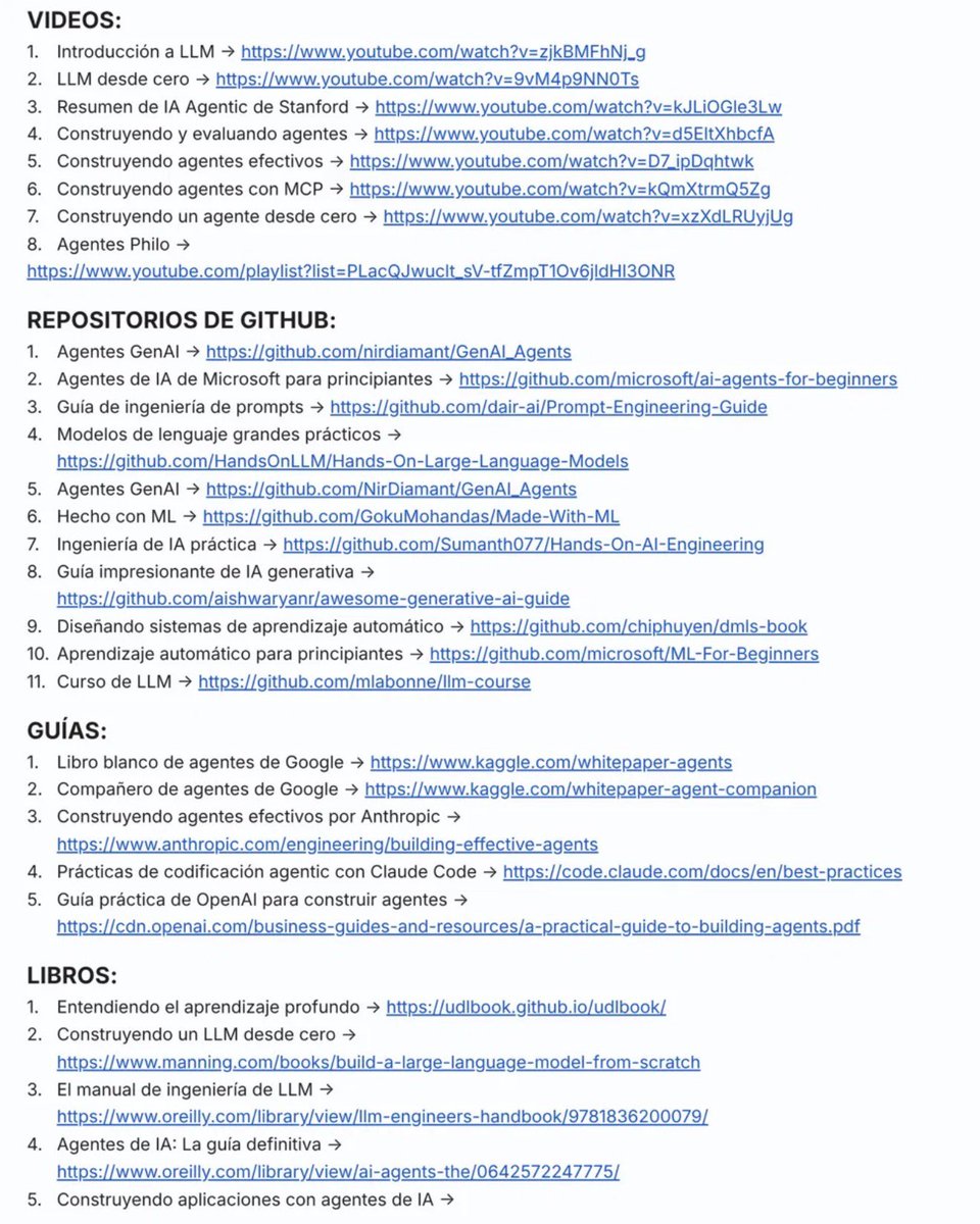 soniacuts's tweet photo. DEJA DE PERDER HORAS INTENTANDO DESCIFRAR QUÉ APRENDER DE IA

Aquí te reuní una hoja de ruta práctica COMPLETA con videos, repositorios de GitHub, guías, libros, artículos de investigación y cursos

VIDEOS:

1Introducción a LLM → https://t.co/GheFpSOVpV

2LLM desde cero → https://t.co/0CF4J9vMyk 

3Resumen de IA Agentic Stanford → https://t.co/Kz6xLuFJOq 

4Construyendo y evaluando agentes → https://t.co/izdVyE1Xxk

5Construyendo agentes efectivos → https://t.co/sO7FdsvddY

6Construyendo agentes con MCP → https://t.co/7lv9bTpVdf

7Construyendo un agente desde cero → https://t.co/EVbMFmz43Q 

8Agentes Philo → https://t.co/x6PkpkTwyD

REPOSITORIOS DE GITHUB:

1Agentes GenAI → https://t.co/YcHYY8XpvF

2Agentes de IA de Microsoft para principiantes → https://t.co/6qxKcFlxQn

3Guía de ingeniería de prompts → https://t.co/5o7fikgQJf

4Modelos de lenguaje grandes prácticos → https://t.co/vQp56f7puh

5Agentes GenAI → https://t.co/YcHYY8XpvF

6Hecho con ML → https://t.co/bQz1N0gKxA

7Ingeniería de IA práctica → https://t.co/qdM2Z423KO

8Guía impresionante de IA generativa → https://t.co/5rP5jwGUcK

9Diseñando sistemas de aprendizaje automático → https://t.co/EKPOIAyYRT

10Aprendizaje automático para principiantes → https://t.co/mTKuLmtZ53

11Curso de LLM → https://t.co/RvbbcTLufb

GUÍAS:

1Libro blanco de agentes de Google → https://t.co/BGmIQuam5R

2Compañero de agentes de Google → https://t.co/IULsXIuiBf

3Construyendo agentes efectivos por Anthropic → https://t.co/Px5Cn6jONs

4Prácticas de codificación agentic con Claude Code → https://t.co/JnqaDkcAdT

5Guía práctica de OpenAI para construir agentes → https://t.co/CaVJFenm83

LIBROS:

1Entendiendo el aprendizaje profundo → https://t.co/mVKSvrF5gu

2Construyendo un LLM desde cero → https://t.co/Y0V5aBkLOY

3El manual de ingeniería de LLM → https://t.co/cLw57SJ3UB

4Agentes de IA: La guía definitiva → https://t.co/mJGyWrVghI

5Construyendo aplicaciones con agentes de IA → https://t.co/LLlCdamfzU

6Agentes de IA con MCP → https://t.co/8SqmZhtmbL

7Ingeniería de IA → https://t.co/EmTn2trZss

ARTÍCULOS DE INVESTIGACIÓN:

1ReAct → https://t.co/KbSU5evEJu

2Agentes generativos → https://t.co/MJpGB4f0pp

3Toolformer → https://t.co/gIhsZuhDJc

4Prompting de cadena de pensamiento → https://t.co/UaKI66Q5jP

CURSOS:

1Curso de agentes de Hugging Face → https://t.co/AZBy3Nmx9K

2MCP con Anthropic → https://t.co/se0JTY39Ic

3Construyendo bases de datos vectoriales con Pinecone → https://t.co/OSbcr1rL9L

4Bases de datos vectoriales: De embeddings a apps → https://t.co/4JArDaEgkg

5Memoria de agentes → https://t.co/oWpGfvePCv