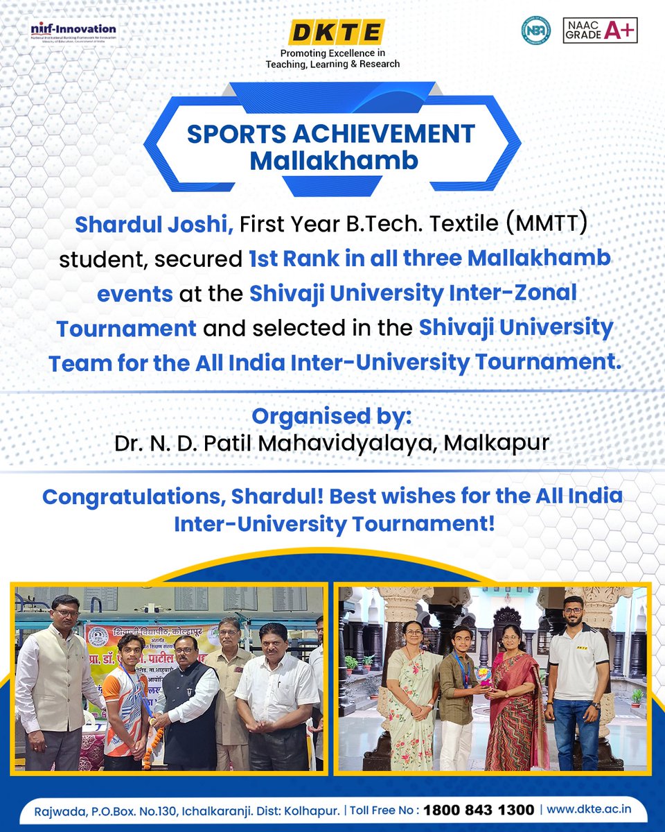 dktestei's tweet photo. A triple triumph in Mallakhamb! 📷
Congratulations to Shardul Joshi on securing 1st rank in all three events and earning selection for the All India Inter-University Tournament.
……
#DKTE #SportsAchievement #Mallakhamb #StudentExcellence https://t.co/xKz4vYQi9V