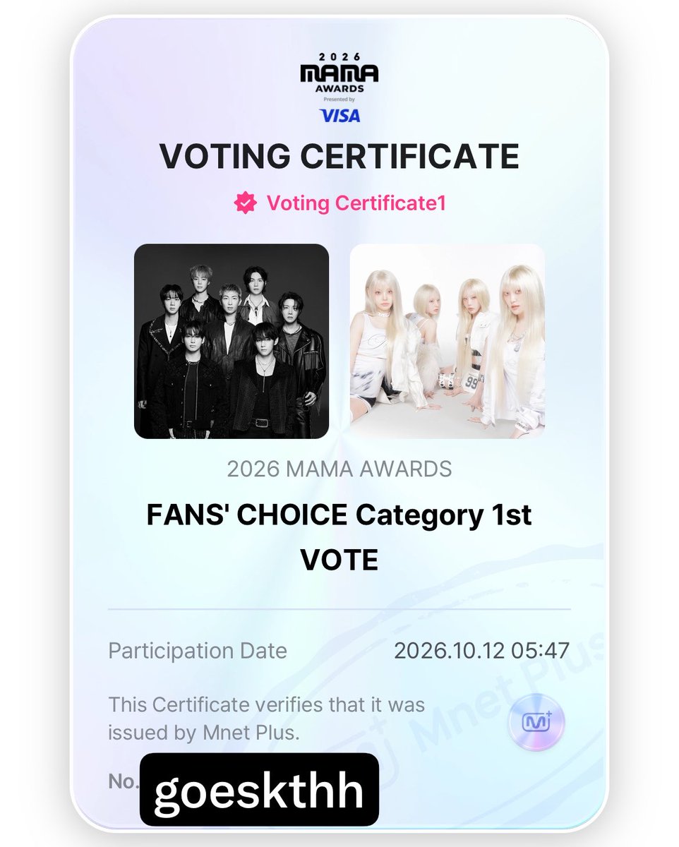 goeskthh's tweet photo. 🚨 DIFUNDAN! INICIÓ LA VOTACIÓN DE FANS CHOICE EN LOS MAMA AWARDS, QUIEREN IR POR ESE TROFEO PARA LOS TANNIES??? ESTO ES IMPORTANTE! 😭🔥🙏🏻

— ¿Se animan a dejar su certificado de votación?👇🏻🔥

VOTE FOR BTS ON MAMA AWARDS 2026 
BTS FOR FANS CHOICE MALE MAMA AWARDS 
#VoteForBTSonMAMA2026 
#BTSForFansChoiceMaleMAMA2026