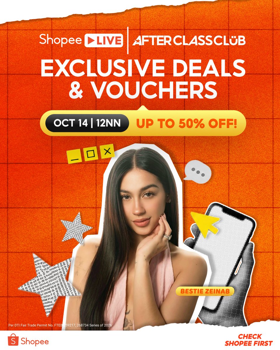 ShopeePH's tweet photo. From study must-haves to everyday budol finds, maki-hangout sa aming after class kulitan on #ShopeeLivePH with @ZeinabHarake11 π§‘
EXCLUSIVE VOUCHERS + UP TO 50% OFF?! Say less:
π
October 14 | 12PMβ12AM
π Set your reminders para sabay-sabay mabudol
#CheckShopeeFirst to mark your calendars, Bestie! ARAT NA π https://t.co/yUShSMCCzU