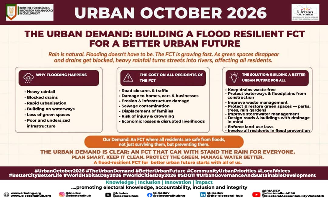 IRIADEV's tweet photo. FLOOD IS NOT SUPPOSED TO BE OUR NORM, WHEN IT RAINS

We demand an FCT where all residents are safe from floods, not just surviving them, but preventing them.

 A flood-resilient FCT starts with all of us.

@ElectoralHub @UNHABITAT @WUF_UNHabitat @fmhud_ng @FMEnvng @FMWNIG @IIED https://t.co/E8ItxjN4BZ