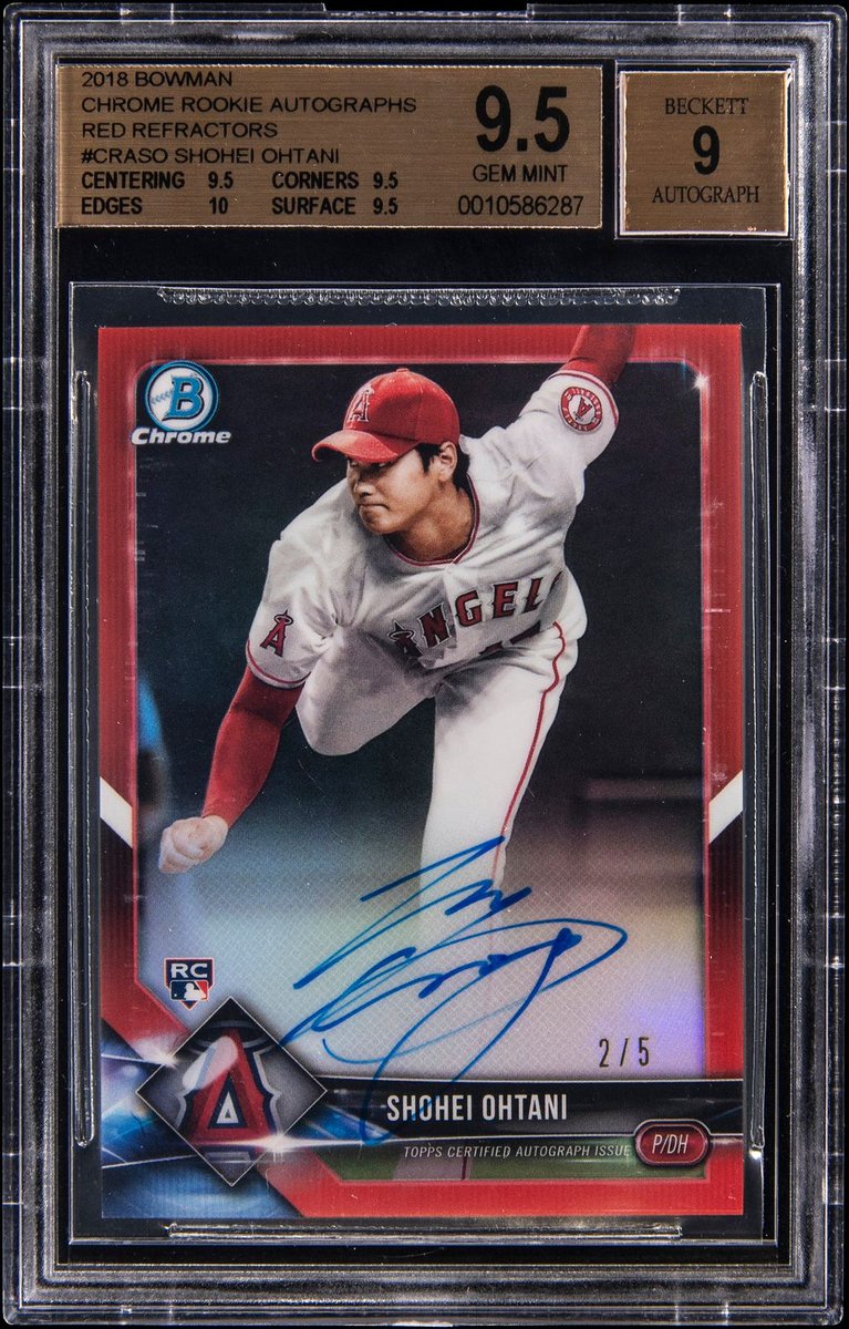 WorthPoint's tweet photo. ⚾💎 A 2018 Bowman Chrome Shohei Ohtani Red Refractor Autograph rookie, graded 9.5 and numbered to just five. Offered at Goldin’s 2026 Summer Goldin 100.

⭐ His Dodgers play the Brewers tonight at 5 PM ET in NLCS Game 2.

Ohtani or Mantle: whose rookie would you rather own? 👇 https://t.co/BtrmtywUG3