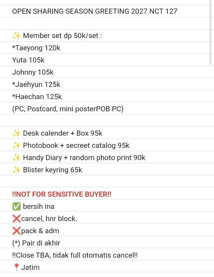 neojoyshop's tweet photo. OPEN SHARING SEASON GREETING 2027 NCT 127 

✨ Member set dp 50k/set :
*Taeyong 120k
Yuta 105k
Johnny 105k
*Jaehyun 125k
*Haechan 125k
(PC, Postcard, mini posterPOB PC)

‼️NOT FOR SENSITIVE BUYER‼️
✅ bersih ina
(*) Pair di akhir
‼️Close TBA, tidak full otomatis cancel‼️ https://t.co/eWGbWmb9jU