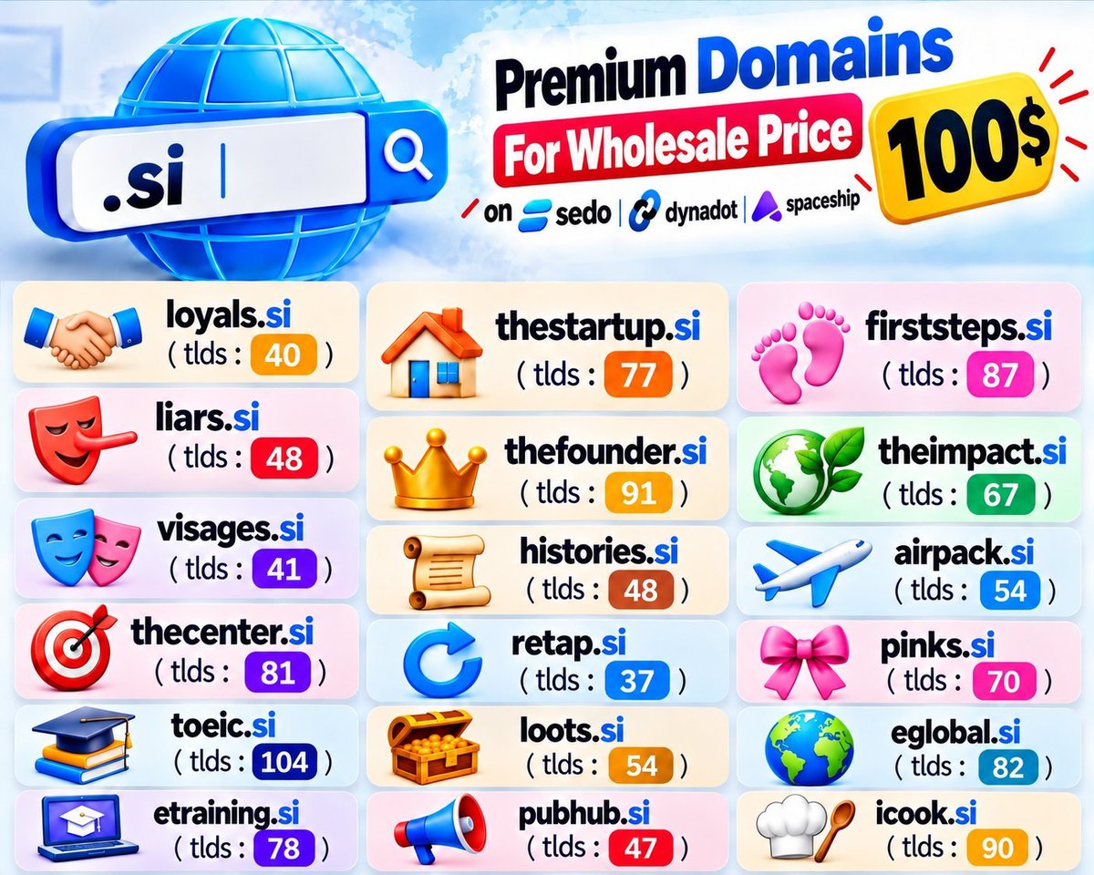 toopdomains's tweet photo. here my fully list : 
https://t.co/4dtudQAFwK ( one word , .ai version redirect to https://t.co/5jlmcnEVdS ) 
https://t.co/QkRQUiIkmZ ( one word , .ai version has a website built on it ) 
https://t.co/d3Y6mOq0lm ( one word mean faces on french )
https://t.co/2IXTmcgAMS ( two keyword , .ai  version has a website built on it )
https://t.co/cxeKlfodOQ ( it is a short term of international English test like IELTS )