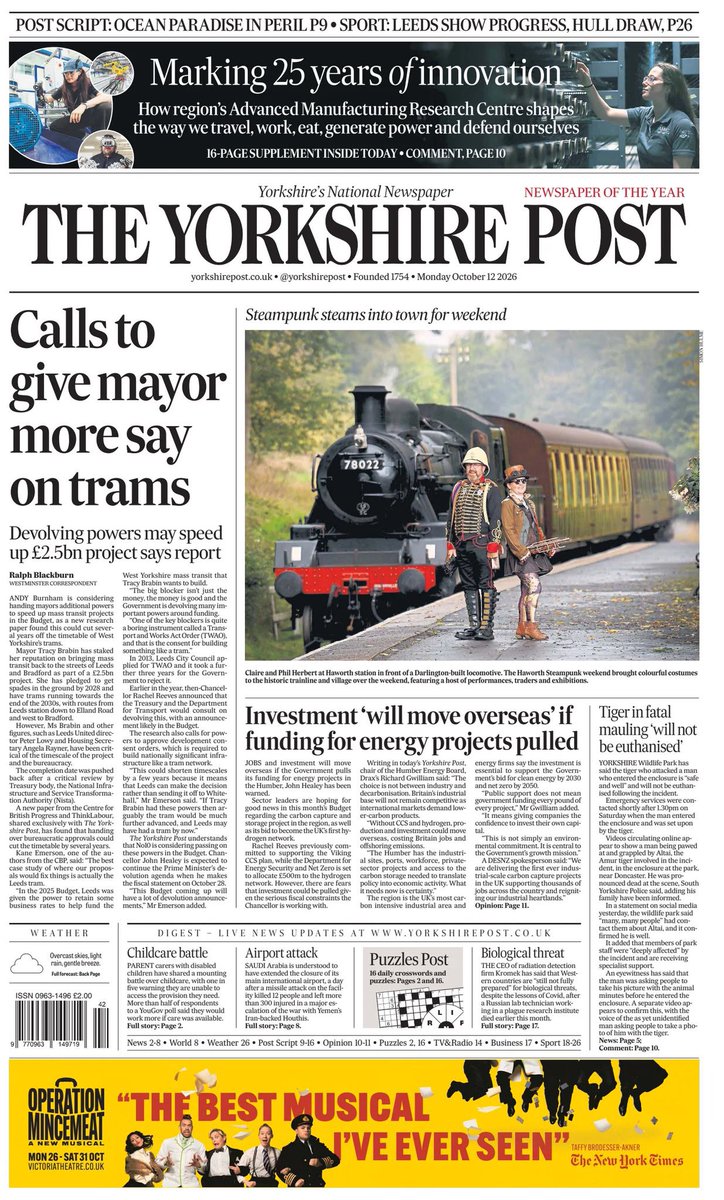 ThinkLabour's tweet photo. Great to see these ideas on the front page of the Yorkshire Post today.

Devolution must go beyond funding. Mayors need the powers to approve, regulate and deliver the projects that will transform their communities.

Read the full article below! https://t.co/7LR7UBngR0