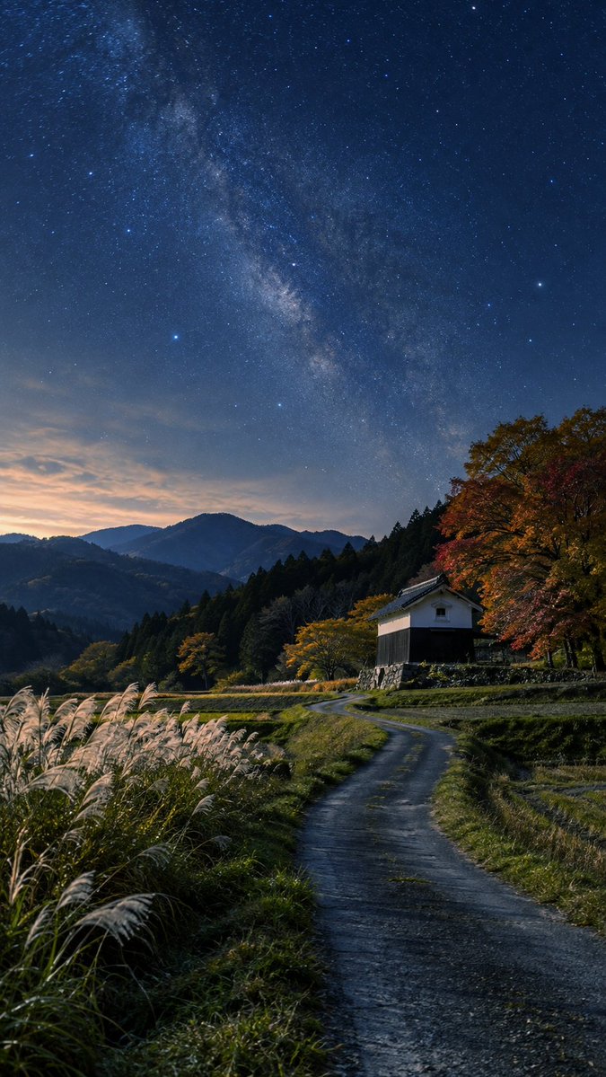 _ai_nature_art's tweet photo. 秋の夜道を歩いた先に古い日本が残っていた、そんな世界観を4枚投稿しました🌌🌙

故郷が岩手のど田舎なので、こういう夜の静けさがたまに恋しくなるんですよね🍁🏡 https://t.co/blfhKiyEVa
