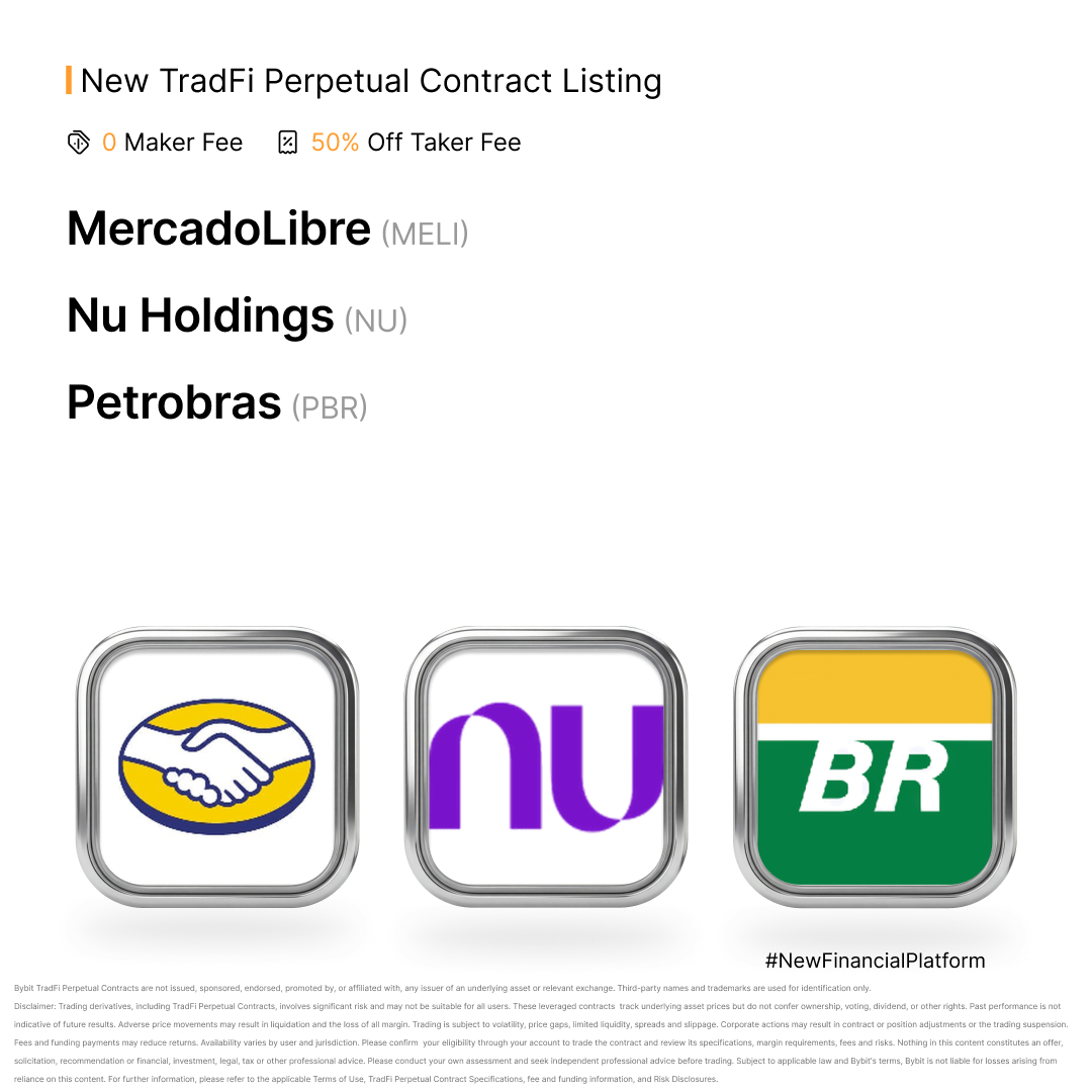 BybitPlus's tweet photo. New TradFi Perpetual Contract Listings: $MELIUSDT, $NUSTOCKUSDT and $PBRUSDT are now live on Bybit! 🚀 

Trade $MELI: https://t.co/FIklG1oLUx
Trade $NUSTOCK: https://t.co/dpGO10Rpyn
Trade $PBR: https://t.co/CNWRbN9WGA https://t.co/K9xjcC6Drm