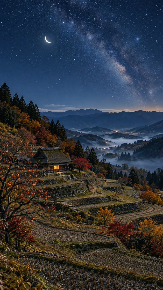 _ai_nature_art's tweet photo. 秋の夜道を歩いた先に古い日本が残っていた、そんな世界観を4枚投稿しました🌌🌙

故郷が岩手のど田舎なので、こういう夜の静けさがたまに恋しくなるんですよね🍁🏡 https://t.co/blfhKiyEVa