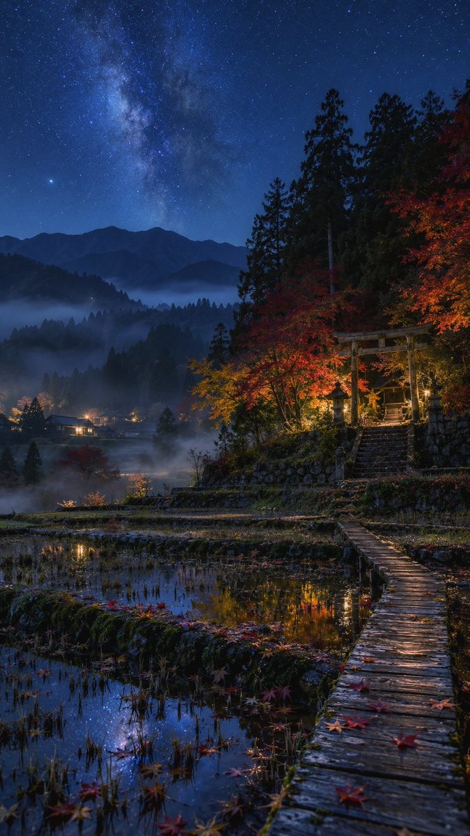 _ai_nature_art's tweet photo. 秋の夜道を歩いた先に古い日本が残っていた、そんな世界観を4枚投稿しました🌌🌙

故郷が岩手のど田舎なので、こういう夜の静けさがたまに恋しくなるんですよね🍁🏡 https://t.co/blfhKiyEVa