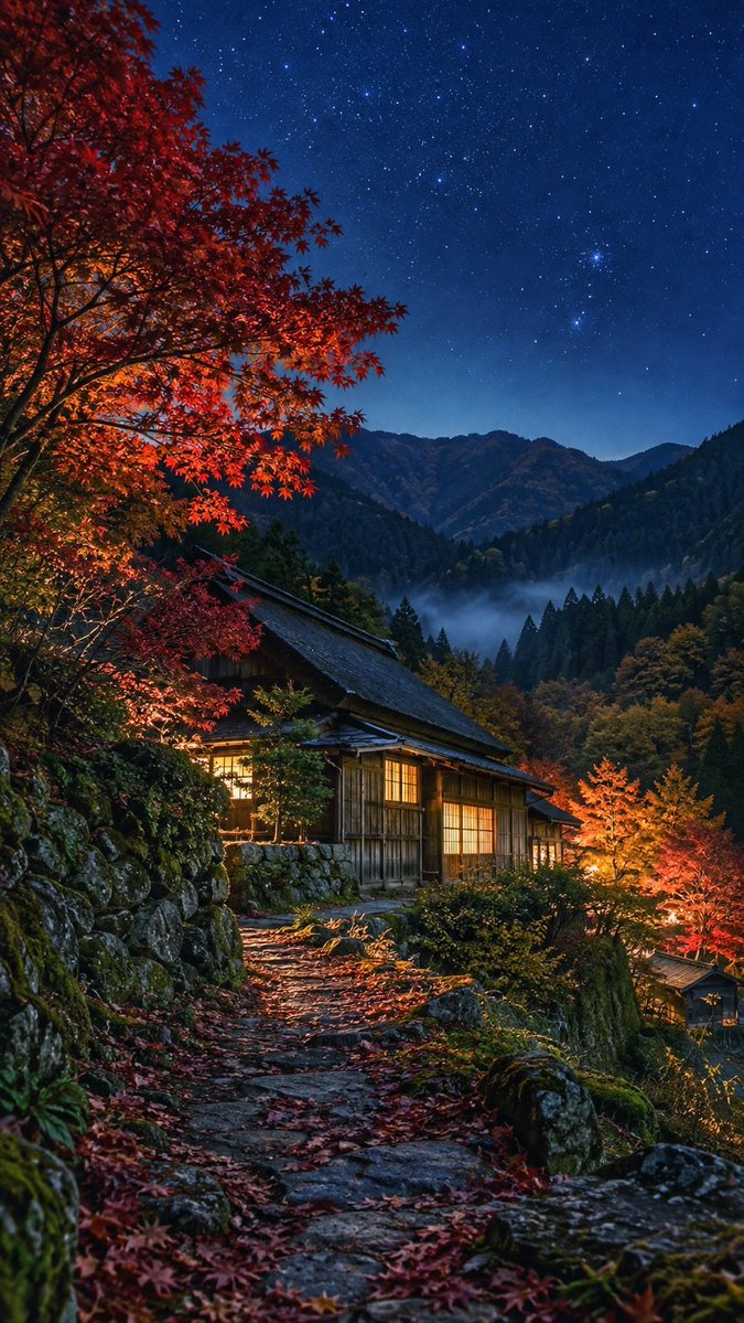 _ai_nature_art's tweet photo. 秋の夜道を歩いた先に古い日本が残っていた、そんな世界観を4枚投稿しました🌌🌙

故郷が岩手のど田舎なので、こういう夜の静けさがたまに恋しくなるんですよね🍁🏡 https://t.co/blfhKiyEVa
