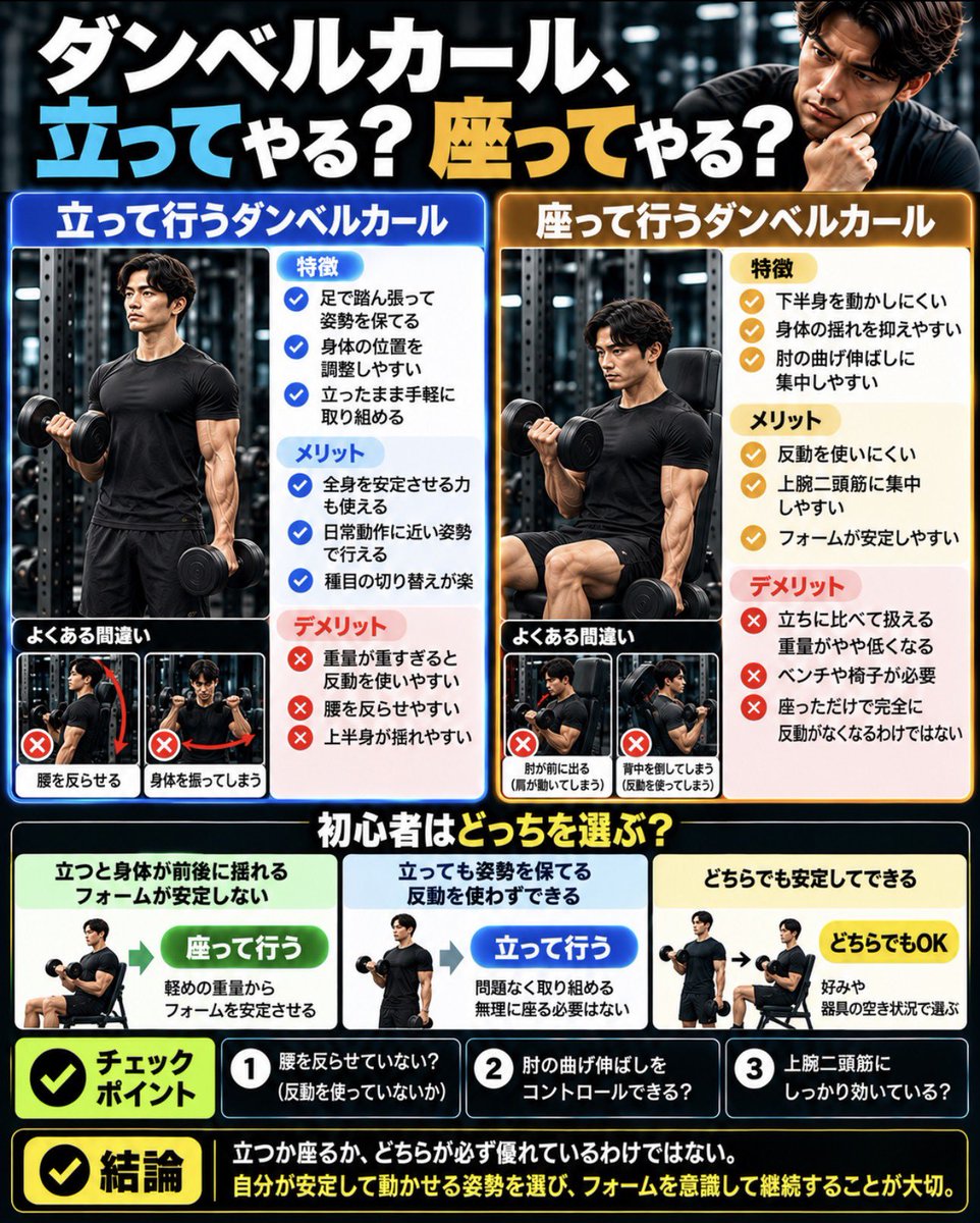 Rey_Mens_Lab's tweet photo. 筋トレ初心者、
「ダンベルカール、立ってやる？座ってやる？」

実は、どちらかが必ず優れているわけじゃない。

同じダンベルカールでも、姿勢によって動作の安定させやすさが変わる。

【① 立って行う】
・足で踏ん張って姿勢を保てる
・身体の位置を調整しやすい
・立ったまま手軽に取り組める

ただし、重量が重すぎると、腰を反らせたり身体を振ったりしやすい。

【② 座って行う】
・下半身を動かしにくい
・身体の揺れを抑えやすい
・肘の曲げ伸ばしに集中しやすい

ただし、座っただけで反動がなくなるわけではない。

じゃあ、初心者はどっち？

例えば、

「立つと身体が前後に揺れる」
→ 座って軽めの重量から練習。

「立っても姿勢を保てる」
→ 無理に座る必要はない。

「どちらでも安定してできる」
→ 好みや器具の空き状況で選んでOK。

確認したいのは、

① 腰を反らせていない？
② 肘の曲げ伸ばしをコントロールできる？
③ 反動に頼らず繰り返せる？

この3つ。

筋肉を大きくするために大切なのは、立つか座るかだけではない。

まずは自分が安定して動かせる姿勢を選び、少しずつ回数や重量を伸ばしていこう。