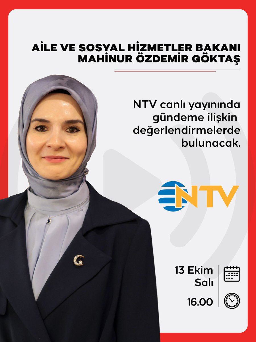 tcailesosyal's tweet photo. Bakanımız Sn. Mahinur Özdemir Göktaş, @ntv canlı yayınında Bakanlığımızın çalışmalarına ve gündeme ilişkin değerlendirmelerde bulunacak.

🗓️ 13 Ekim Salı
⏰ 16.00
📺 NTV https://t.co/5R2YN7gZqT