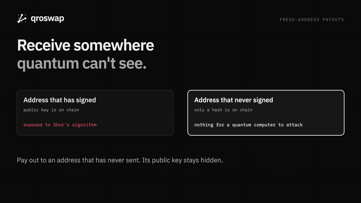 qroswap's tweet photo. One more layer: pay out to an address that has never signed.

On hash-addressed chains like Bitcoin, its public key has never touched the chain, so Shor's algorithm has nothing to work on. https://t.co/WZHQptoSSU