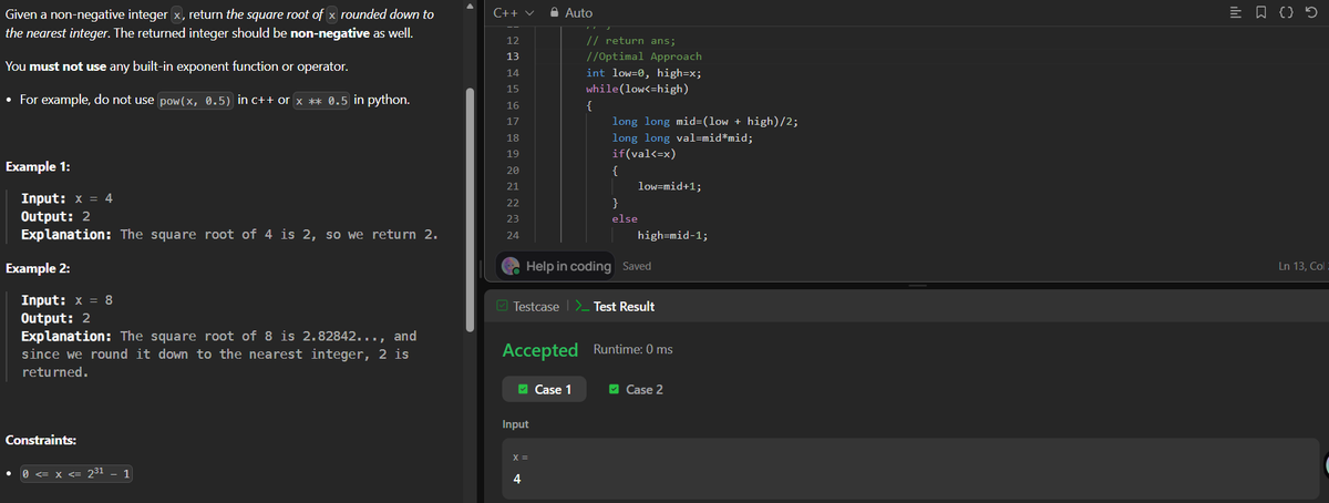 codee_99's tweet photo. Day 18/100 — #100DaysOfCode
Solved Sqrt(x) using Binary Search today.
Practiced narrowing down the search space and finding the integer square root without relying on built-in functionss
#DSA #LeetCode https://t.co/ARFl4qt1PK