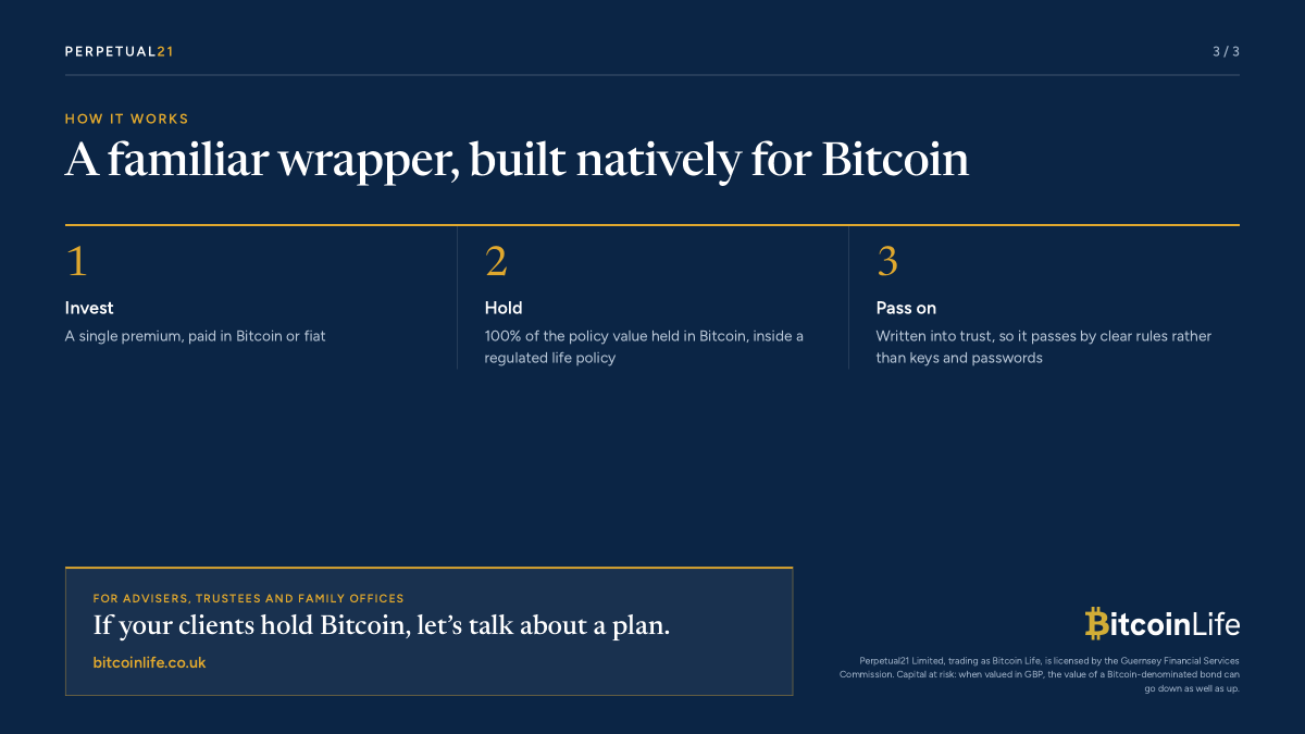 Peterlane1985's tweet photo. Around three weeks after @bitcoin_life_'s approval as an International Long Term Life Insurer, our first Bitcoin Life Bond application came in! 

The first Bitcoin-denominated Offshore Bond will written into trust for a UK family office to protect and preserve their Bitcoin wealth for generations to come.

Thanks to @R1chardMarshall of @HillDickinson for providing the trust & legal work to give the client the optimal outcome. See pics for how we did it. 

#Bitcoin #EstatePlanning