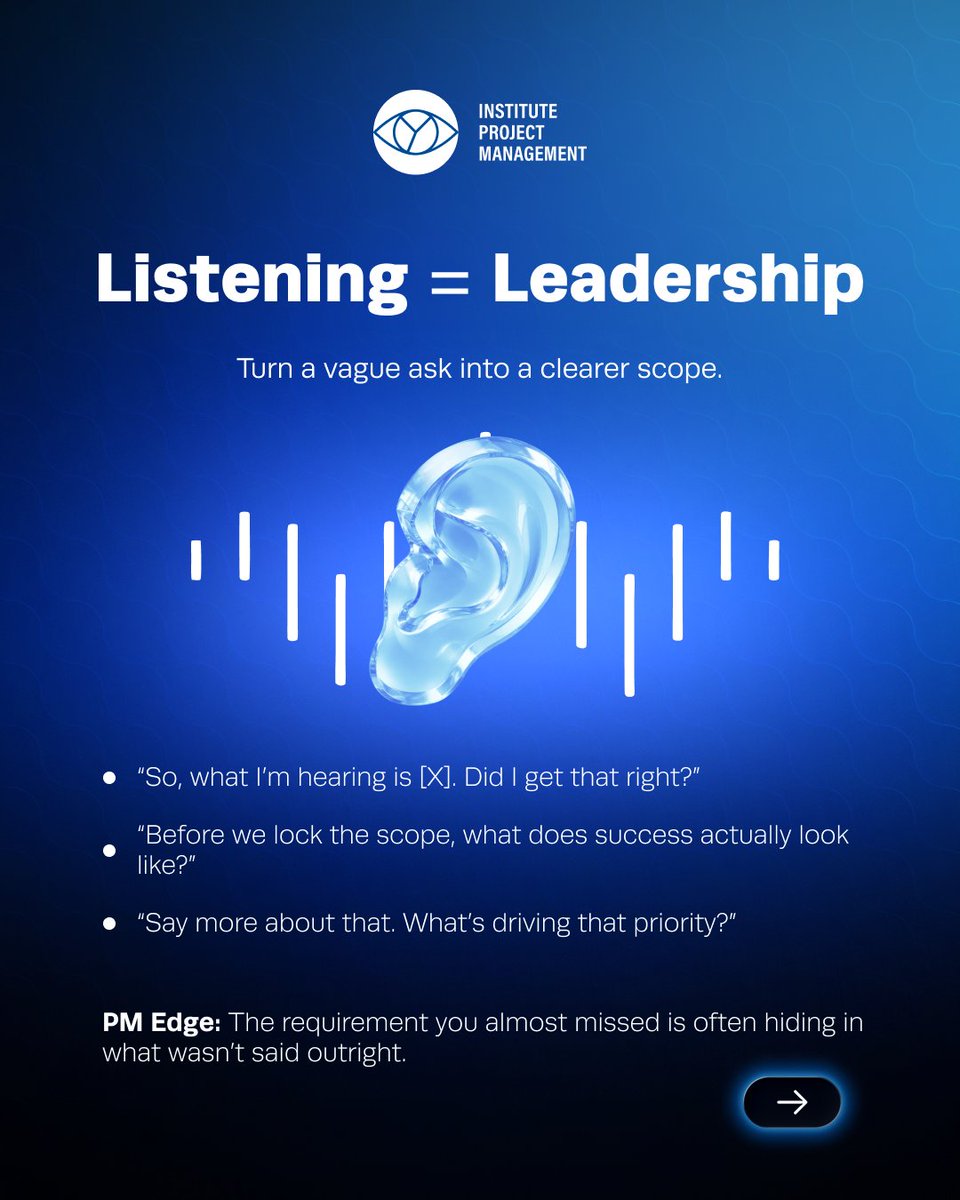 ProjectMgmtInst's tweet photo. There are the quiet skills that help PMs navigate ambiguity and turn complexity into action. Which one are you already using, and which one would you like to strengthen? https://t.co/TAhJcTuzbr