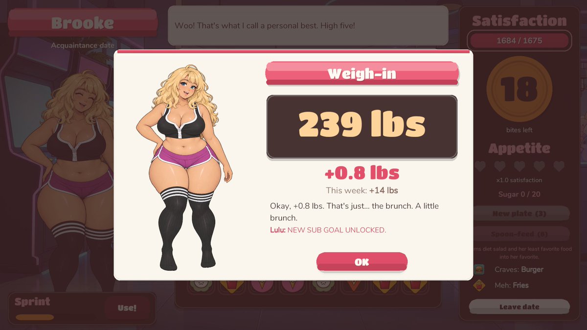 SquishAndI's tweet photo. After every date there's a weigh-in.

She tracks her own weight history. You track how happy she looks about it.

Big Hearts. A dating sim with an appetite. 18+ https://t.co/0aWWNERVNr