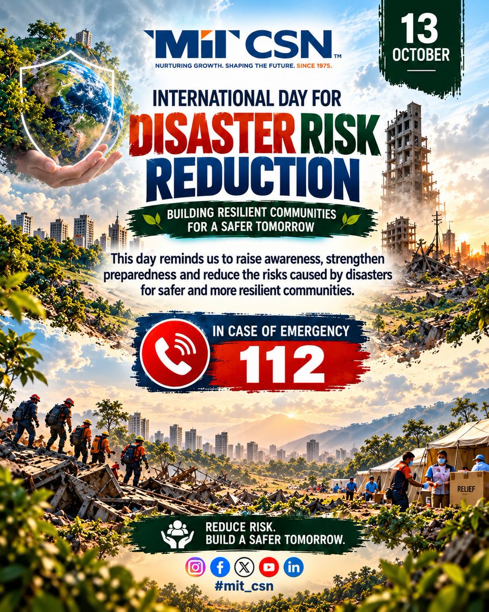 MIT_Updates's tweet photo. Preparedness today saves lives tomorrow! 🚨🌏 On International Day for Disaster Risk Reduction, let’s build safer, more resilient communities through awareness and action.

Reduce Risk. Build a Safer Tomorrow. 
 Poster Credit : Mr Hashmeet Singh
 #MITCSN #DisasterRiskReduction https://t.co/eDwBkS364J