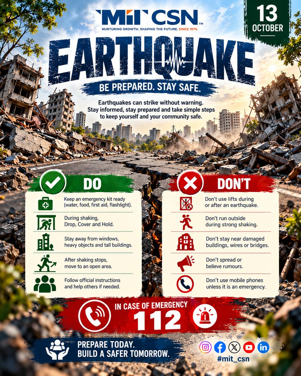 MIT_Updates's tweet photo. Preparedness today saves lives tomorrow! 🚨🌏 On International Day for Disaster Risk Reduction, let’s build safer, more resilient communities through awareness and action.

Reduce Risk. Build a Safer Tomorrow. 
 Poster Credit : Mr Hashmeet Singh
 #MITCSN #DisasterRiskReduction https://t.co/eDwBkS364J