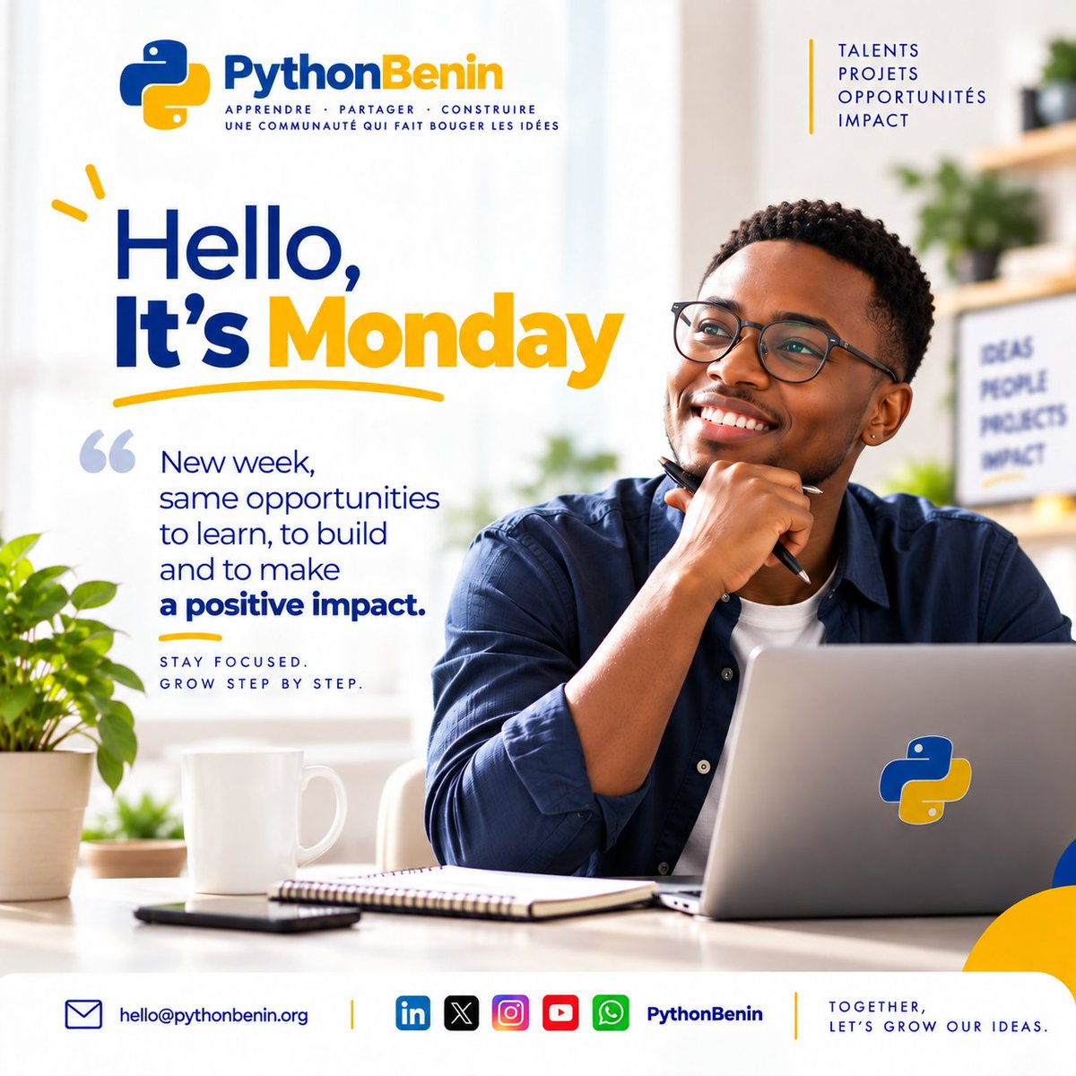 PythonBenin's tweet photo. HELLO MONDAY!
Nouvelle semaine, nouvelles opportunités!

Chaque lundi, apprenons, construisons et partageons pour créer un impact positif.

Quel projet ou objectif souhaites-tu faire avancer cette semaine ? Partage-le !

#HelloMonday #PythonBenin #BuildInPublic #LearnAndGrow https://t.co/Nc5cEs2guB