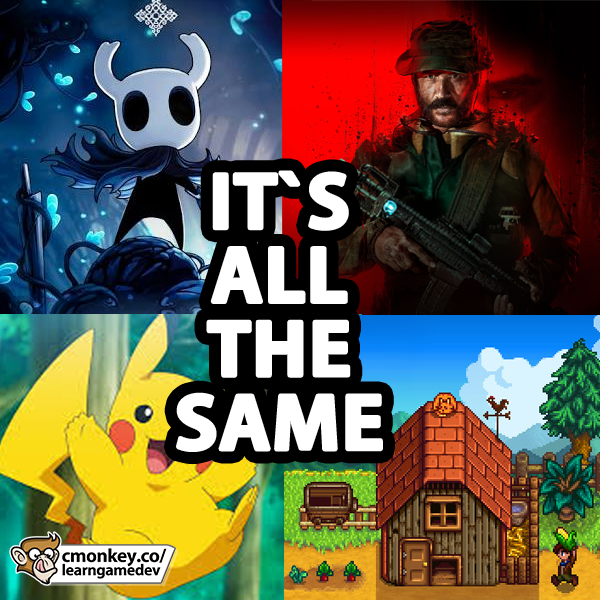 UnityCodeMonkey's tweet photo. Every game is 90% the same! That's a fact! 
 
Obviously that doesn't mean Hollow Knight, Call of Duty, Pok mon and Stardew Valley are literally identical games. 
 
- The experience is different 
- The visuals are different 
- The controls are different 
- The audience is different 
- The genre is different 
 
But from a game development perspective, they share a massive amount of overlap: 
- They all need systems 
- They all need input 
- They all need state 
- They all need UI 
- They all need audio 
- They all need some way to manage gameplay flow 
- They all need some main menu 
- They all need to handle saving and loading 
- Etc 
 
This is exactly why learning fundamentals is so powerful! 
Once you understand the core building blocks of any game, you can apply them anywhere to any game idea you have any genre. 
 
A player controller in one game is not exactly the same as a player controller in another game, but the concept transfers. 
An interaction system in a cooking game is not exactly the same as an interaction system in a simulator game, but the concept transfers. 
A save system in a farming game is not exactly the same as a save system in an RPG, but the concept transfers. 
 
This is also why you shouldn't look for hyper specific tutorials or courses. Even if you want to make a game like Call of Duty, you will still gain a lot of useful knowledge by following my Kitchen Chaos course which is a casual cooking game. At a glance cooking and shooting have nothing in common, but in terms of making games they do have a lot in common. 
 
The genre and the specifics of your game is the surface. Underneath that surface is a common foundation.  
Focusing on learning that core foundation and you will be able to build any game you can imagine! 

- Code Monkey