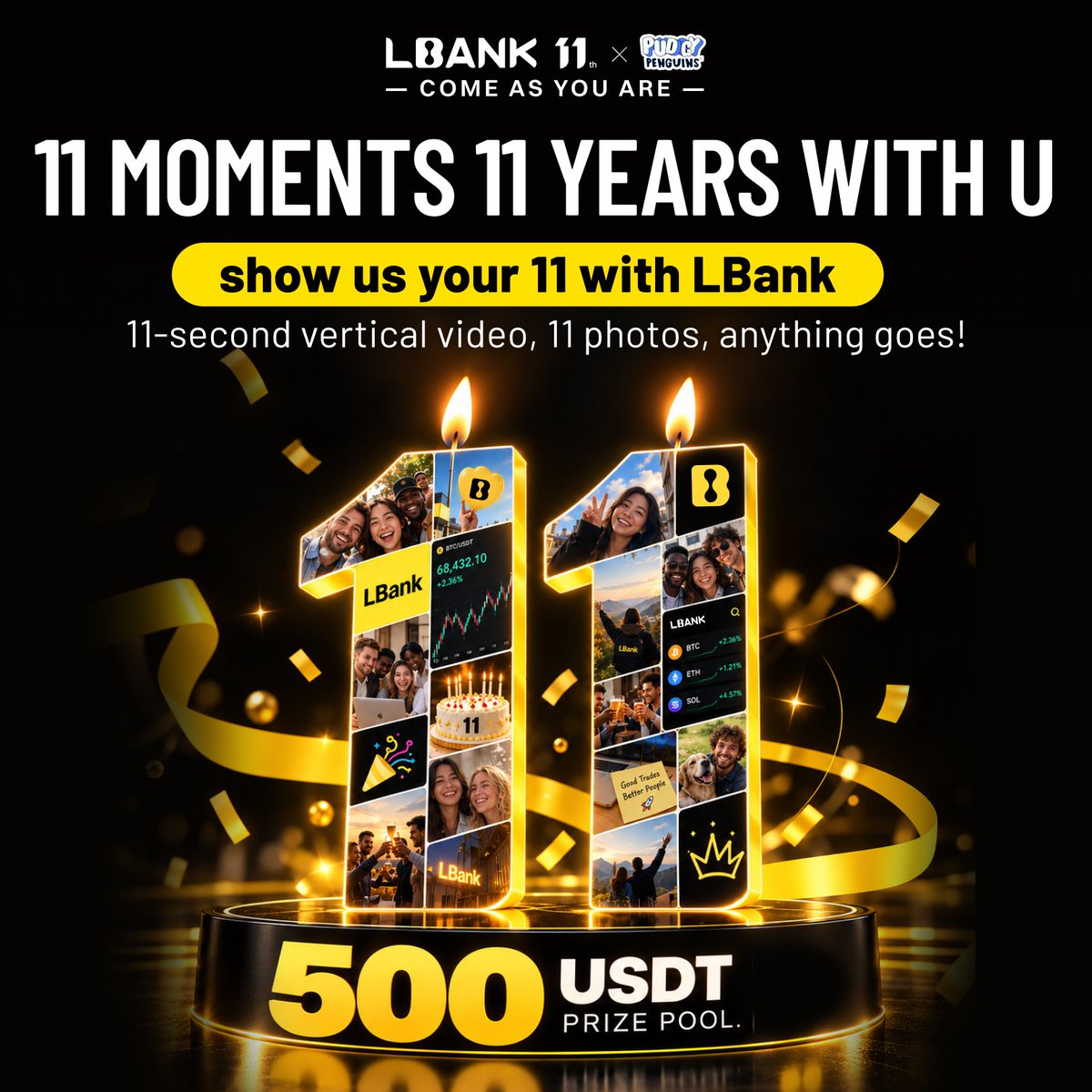 LBank_Exchange's tweet photo. 🎂 LBank turns 11, and we’d love for you to celebrate with us.

Film an 11-second vertical video: wish us a happy birthday + share one unforgettable LBank moment.

Not a video person? No problem! 11 photos, 11 words, or anything else involving 11 works too.

💛 500 USDT prize pool.

🎁 50+ winners who complete the task will share the pool.

🏆 Selected creative or heartfelt entries will get an extra 11 USDT each and a chance to be featured in our official anniversary film.

📅 October 12 to 19

If you’d like to be part of our story:

1️⃣ Follow @LBank_Exchange, like & repost
2️⃣ Create your 11: an 11-second vertical video, 11 photos, anything goes!
3️⃣ Post it with #LBank11th and tag 2 friends
Submit here 👉 https://t.co/gmWPSczI4N

Let’s celebrate 11 years together.

#LBank11th #LBank11Seconds