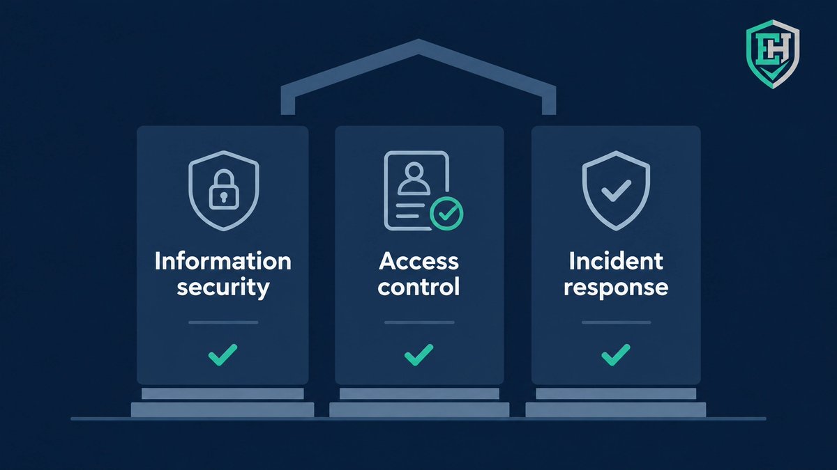 EvidentHarbour's tweet photo. Day one compliance isn't 30 policies. Start with three: information security, access control, incident response. Name an owner for each, write them in plain English, and capture evidence from the start. Build up, don't overbuild. EvidentHarbour #ISO27001 #Startups https://t.co/V4h7qXjV6J