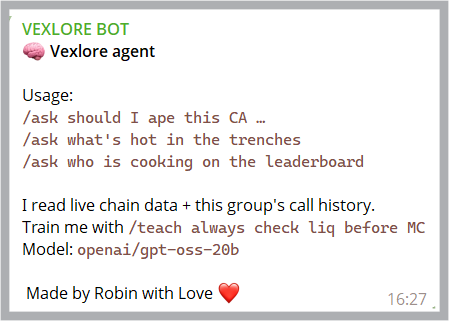 Vexlorebot's tweet photo. 🧠 VEXLORE agent just got a serious upgrade.

/ask now reads live chain data + your group’s call history — not vibes.

• Token reports, vamp, bundles
• Who called what + current mults
• Leaderboard context
• Wallet / SNS when relevant

Still degen. Still funny. Just a lot smarter.

Try: /ask should I ape this
Train it: /teach your tip here

Dw8i5w3XCQqoUaYEphEaU5dzRw2mHyKpDqWmMPoJpump solana:Dw8i5w3XCQqoUaYEphEaU5dzRw2mHyKpDqWmMPoJpump