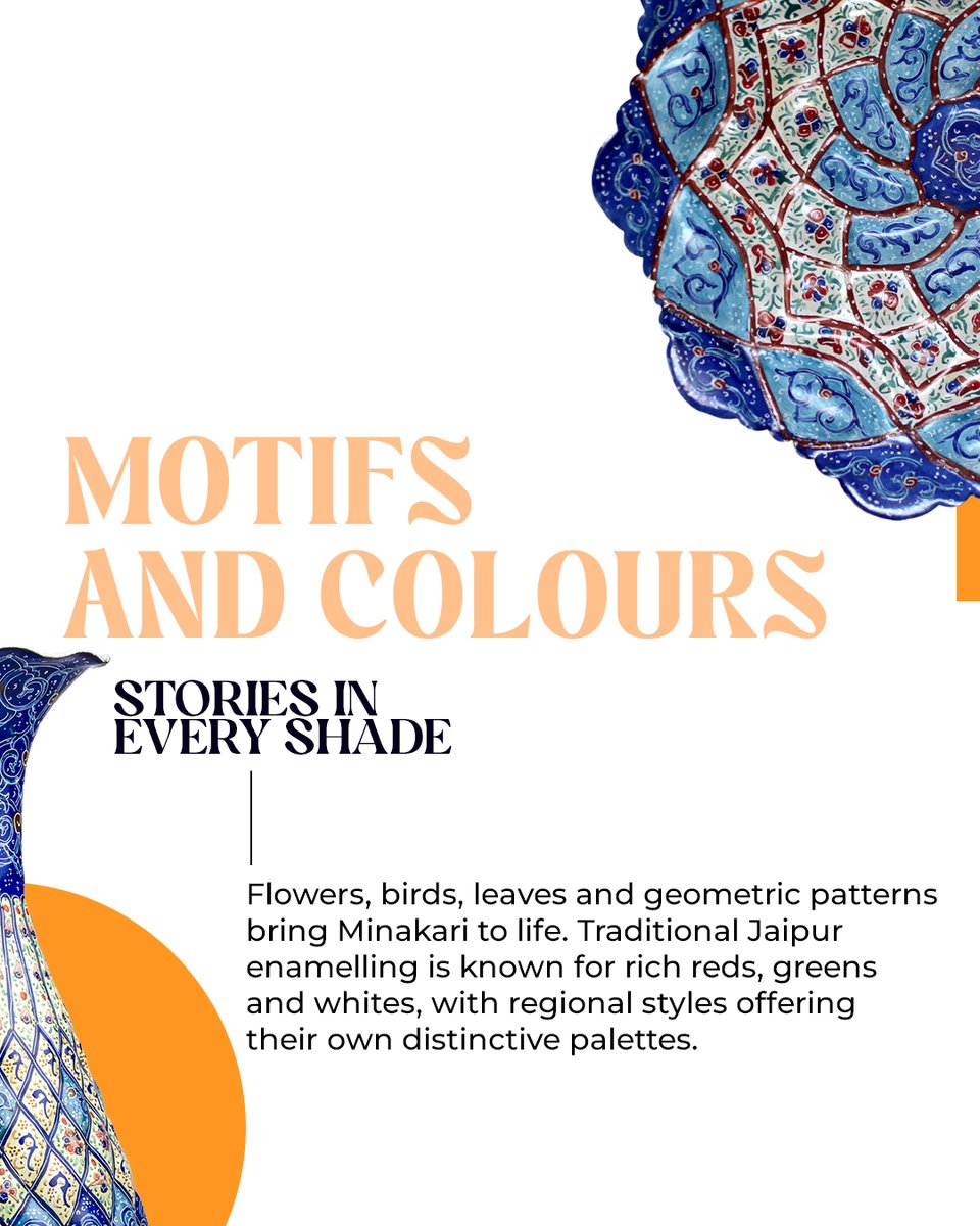 IndPerspectives's tweet photo. A delicate dance of enamel and metal, Minakari  transforms everyday objects and exquisite jewellery into vibrant heirlooms steeped in cultural heritage. From ruby reds and emerald greens to turquoise blues, it uses coloured enamels to bring intricate patterns and traditional motifs to life.

#IndiaPerspectives #Minakari #IndianCraftsmanship #ArtOfIndia #IncredibleIndia