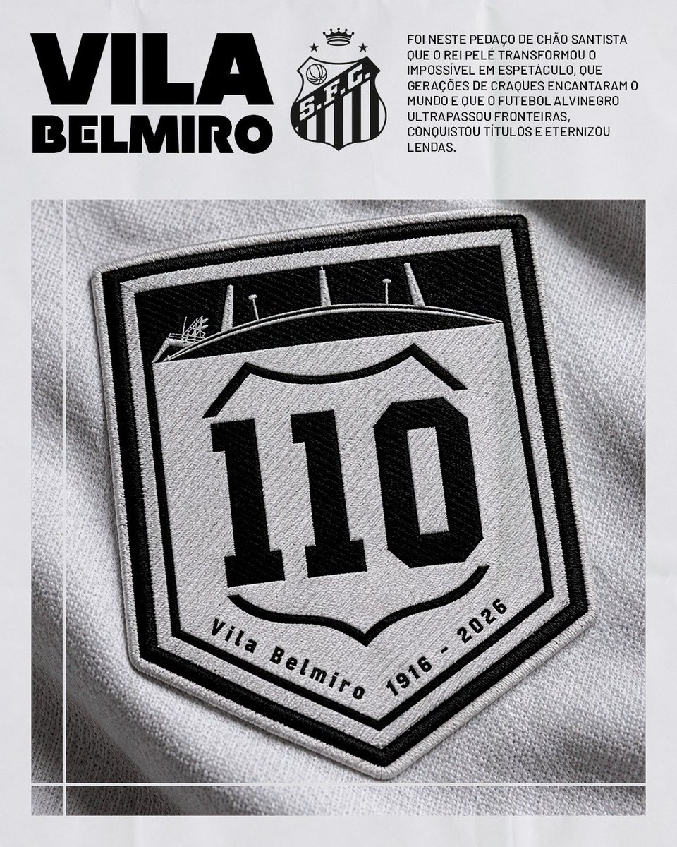 SantosFC's tweet photo. 110 anos do Templo Sagrado do Futebol. 110 anos do Estádio Urbano Caldeira, a nossa Vila Belmiro! 🏟️🤍🖤

Em 12 de outubro de 1916, nascia a casa do Santos Futebol Clube. Inaugurada em um feriado nacional, a Praça de Esportes do Alvinegro Praiano daria início a uma história que eternizaria ídolos e transformaria um pedaço de Santos em um dos lugares mais abençoados do futebol mundial.

Foi nesse gramado que o Rei Pelé encantou o mundo ao lado de outros grandes heróis alvinegros. Foi também onde o Raio caiu mais de uma vez no mesmo lugar, dando origem a gerações consagradas de Meninos da Vila.

Ao longo de 110 anos, a Vila testemunhou conquistas inesquecíveis e se tornou palco de capítulos que jamais serão apagados da memória santista.

A Vila Belmiro é muito mais do que um estádio. É a nossa casa, o nosso Alçapão. É o lugar onde nos reunimos com um só propósito: exaltar o nosso incondicional amor pelo Peixão.

Parabéns, Vila Belmiro! São 110 anos de história, emoção e muita, mas muita, paixão envolvida em cada canto deste lugar! ⚪️⚫️