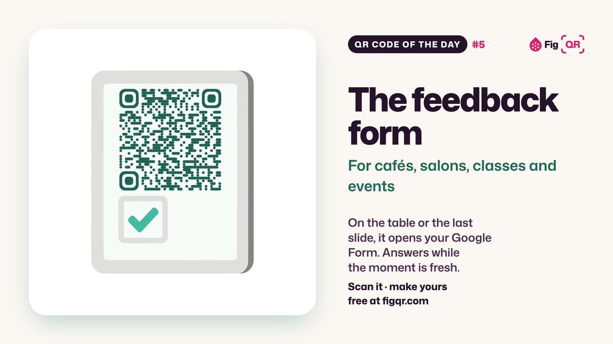 figqrcom's tweet photo. QR code of the day #5: the feedback form 📋

For cafés, salons, classes and events: people scan it straight into your Google Form. Google Forms has no QR button, so make it here.

Free at https://t.co/zI4603PPoM

#qrcode #googleforms https://t.co/vtvUy3OC3a